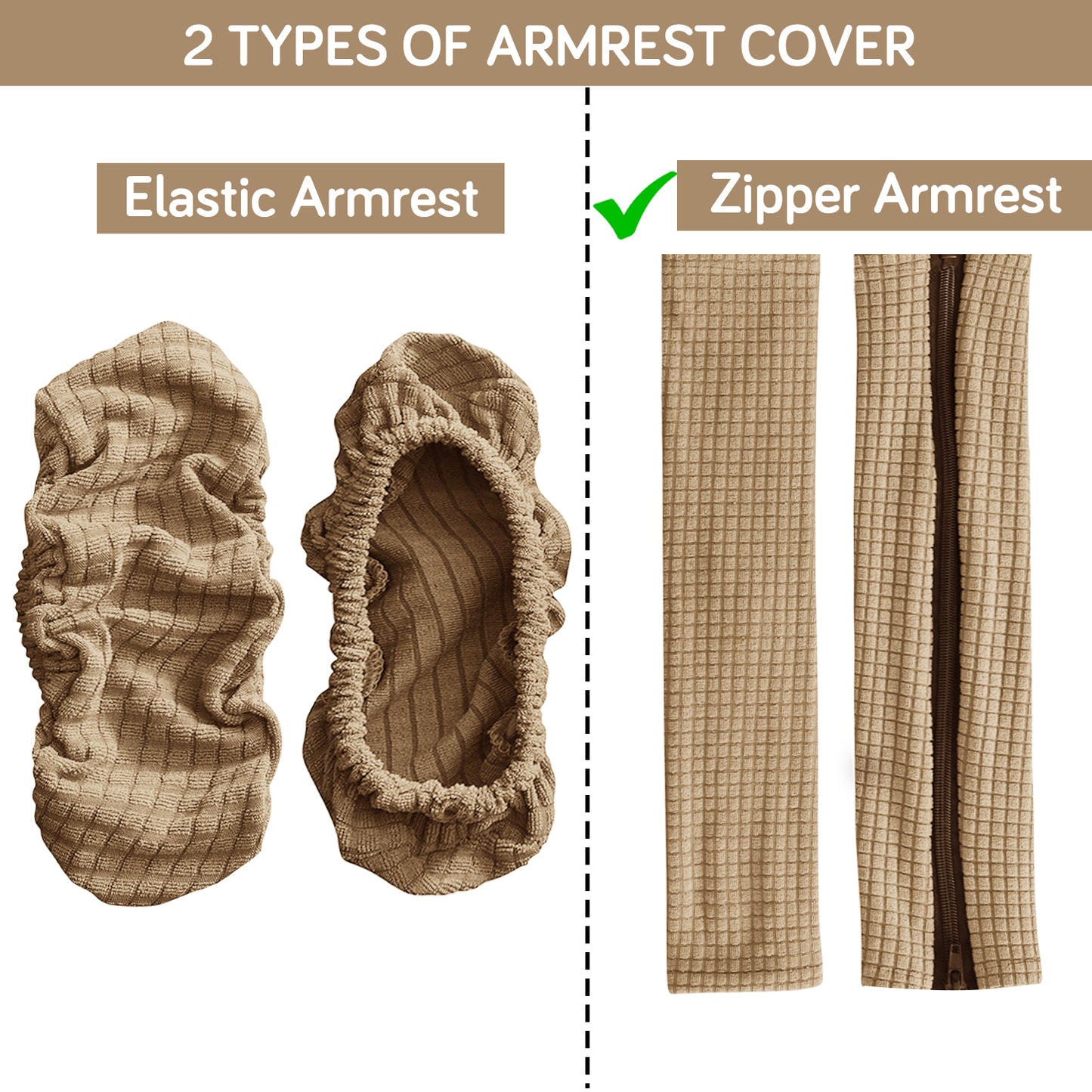210gsm Jacquard Water Repellent Armrest Covers for Office Chair (Zipper Style), 1 Pair, Camel