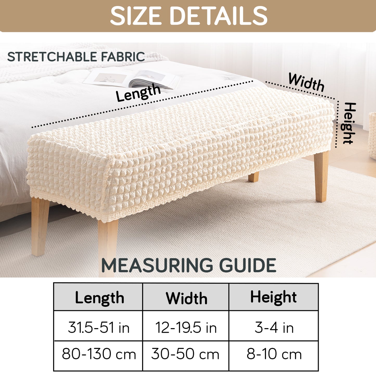 Aria Nova 280 GSM Stretchable Bubble Dining Bench Cover, Light Cream