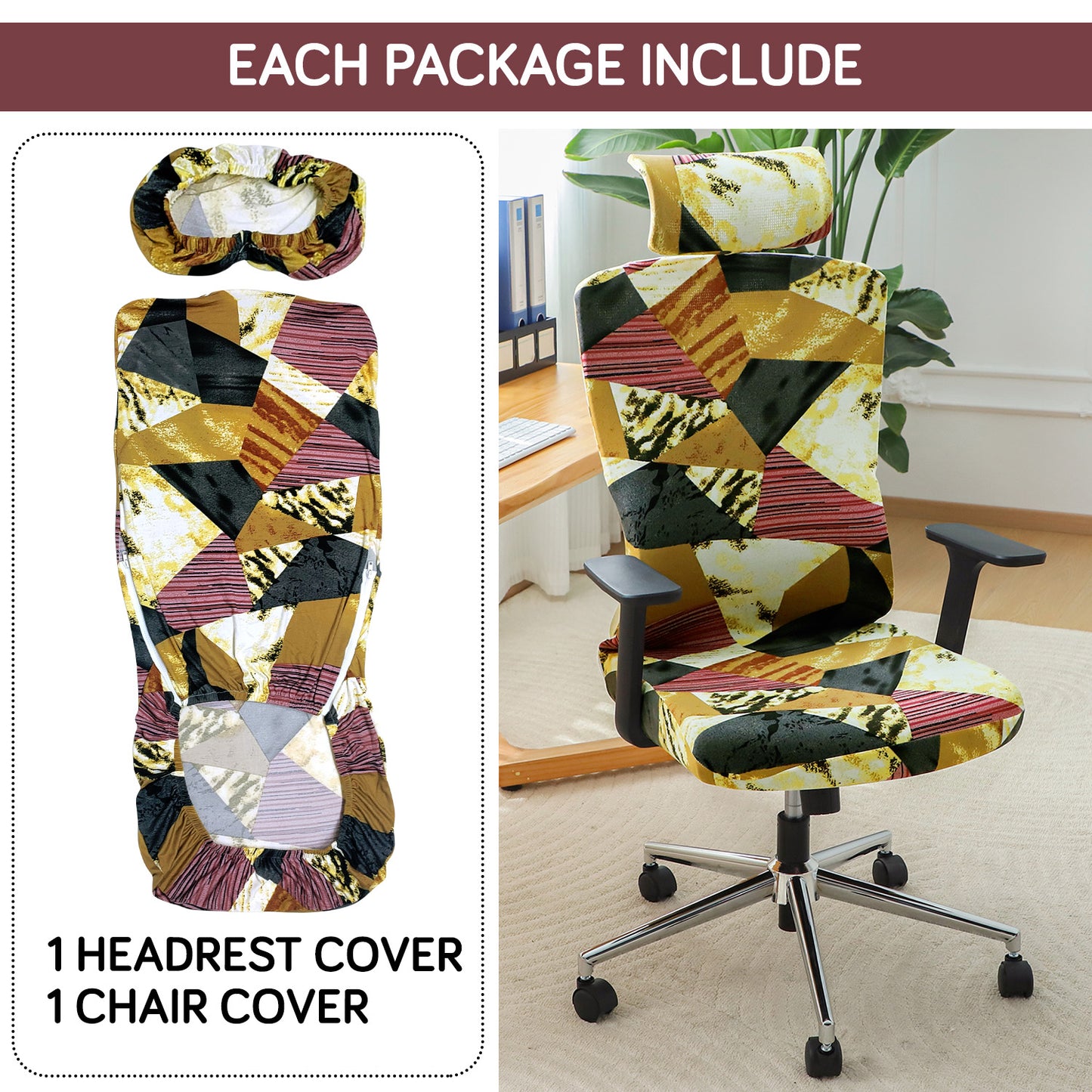 Printed Office Chair Cover with Headrest (High-Back) – 140 GSM Stretch Fabric – Washable, Anti-Slip Fit for Ergonomic Mesh Office Chairs, Wine Abstract Geometry