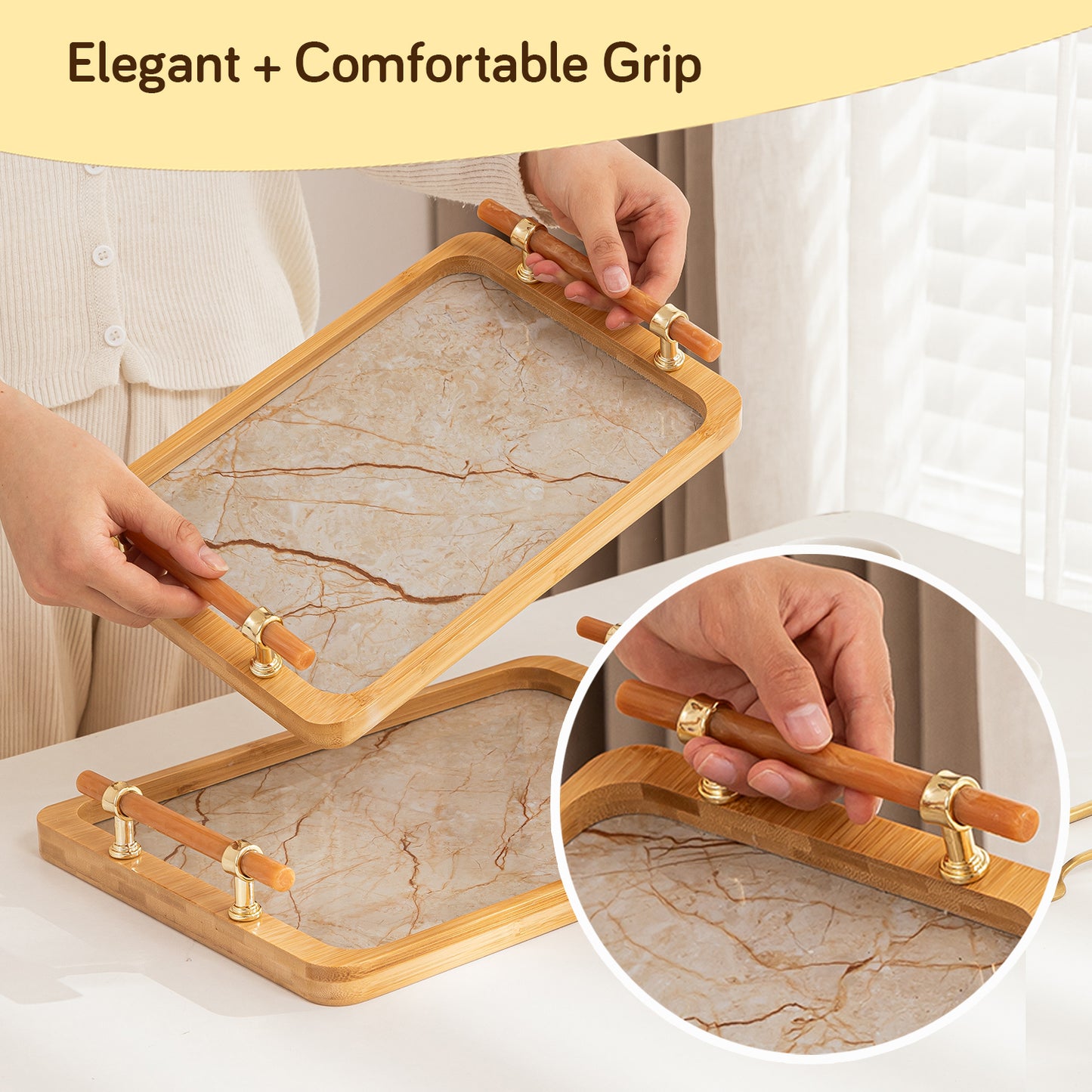 Luxury Bamboo Serving Tray Set with Faux Marble Base with Golden Handles
