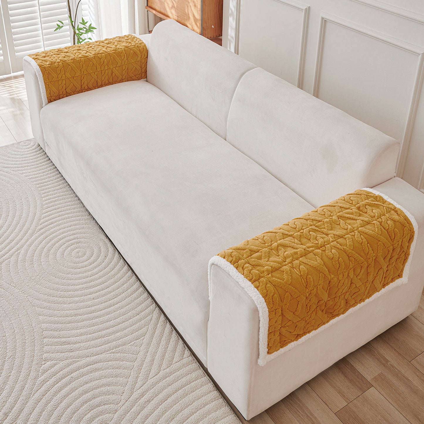'Italian Caelora' Luxury Jacquard Plush Sofa Cover Mat and Anti-Slip Armrest Covers - Honey Yellow