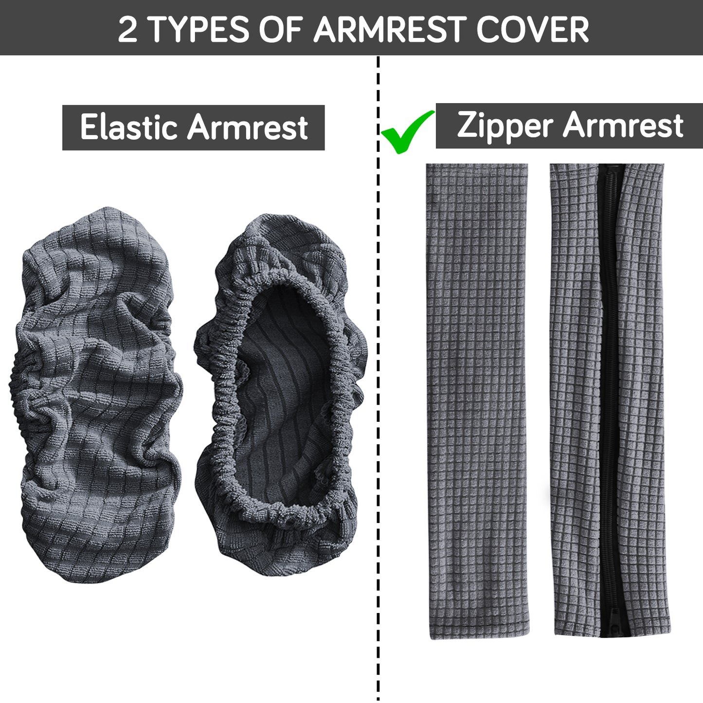210gsm Jacquard Water Repellent Armrest Covers for Office Chair (Zipper Style), 1 Pair, Dark Grey