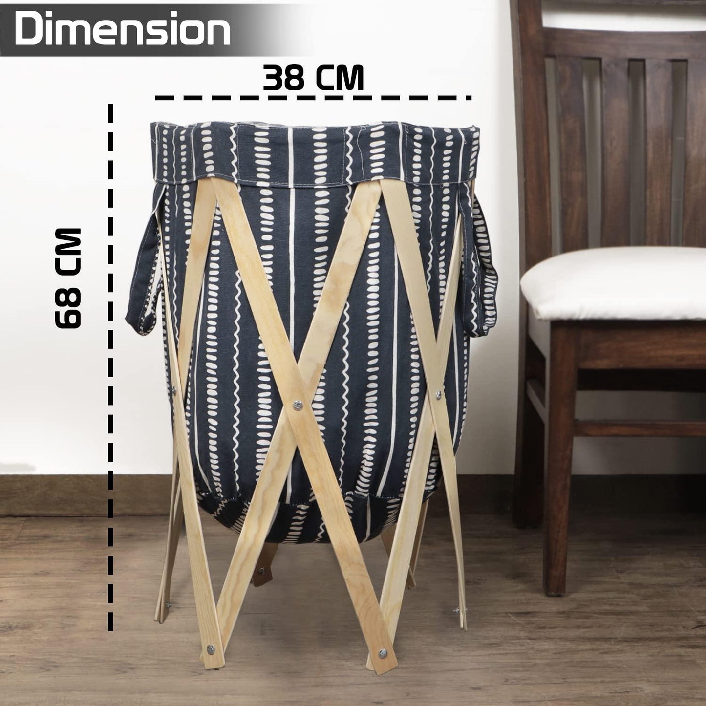 Large European Pattern Laundry Hamper Foldable Wooden Cloth Basket , Blue