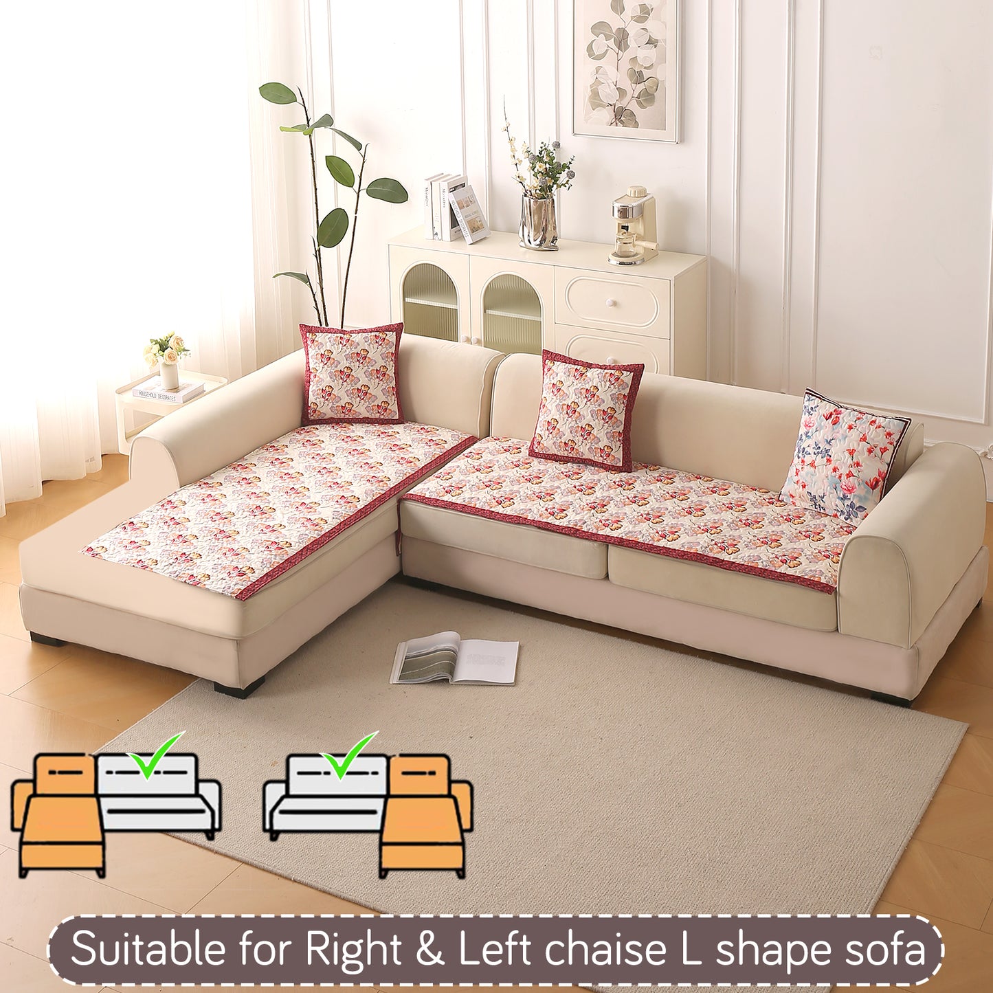 Florentina Series Quilted Holland Velvet L Shape Sofa Seat Mat - Autumn Cream