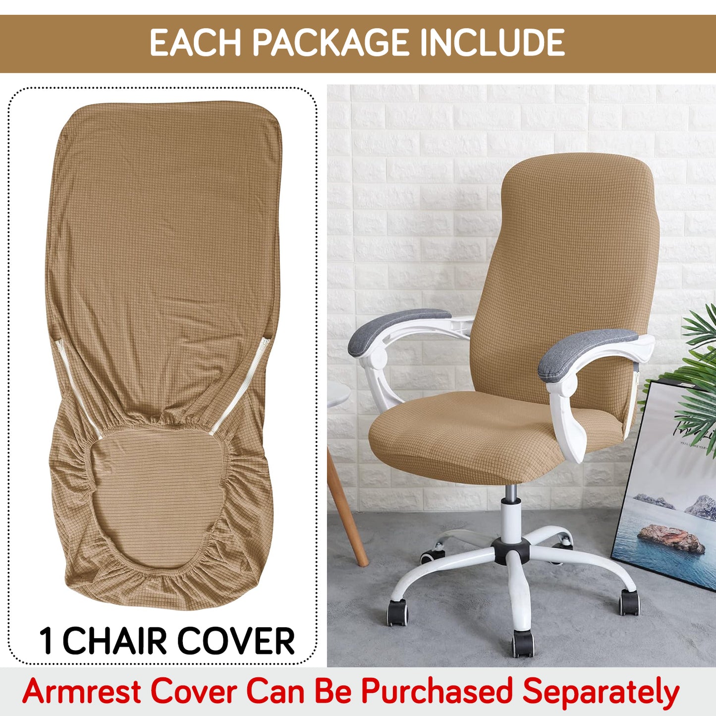 Water Repellent Office Chair Cover for Desk Chair (Mid-Back) – 210 GSM Stretch Jacquard – Washable, Durable & Anti-Slip – Fits Mid-Back Office Chairs, Camel