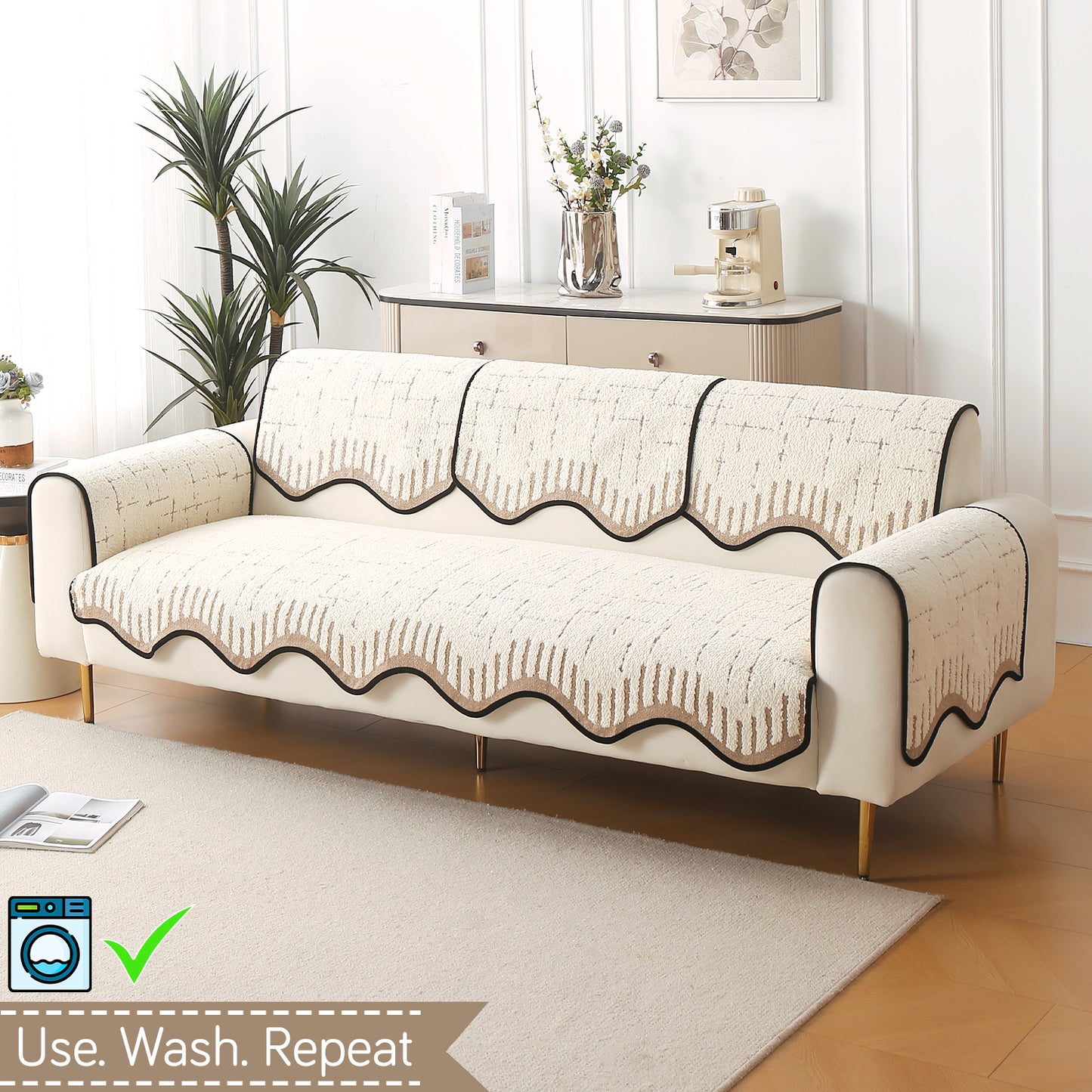 Premium Supple Soft Wavy with Curve Sofa Cover Mat, Cream Brown