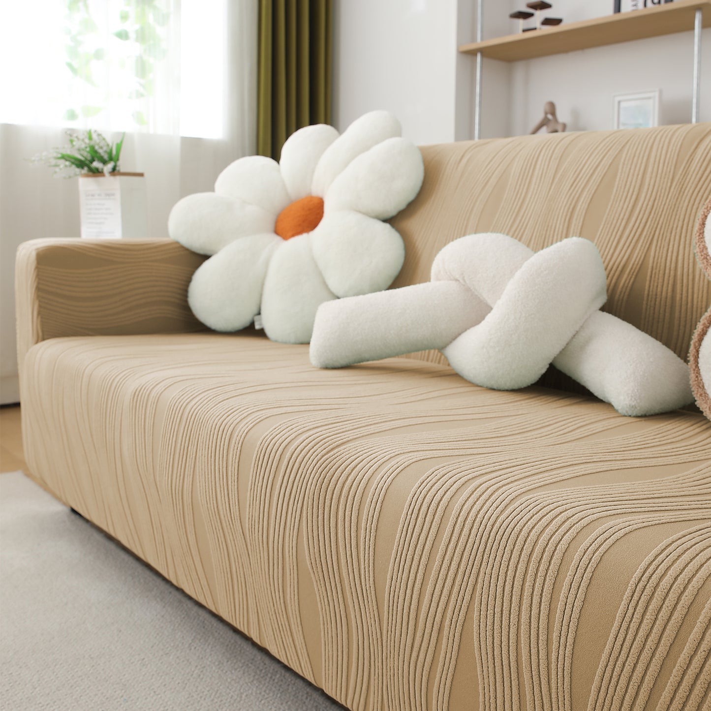 200gsm Knitting Jacquard Sofa Cover 1/2/3/4 Seater Fully Covered, Blush Beige