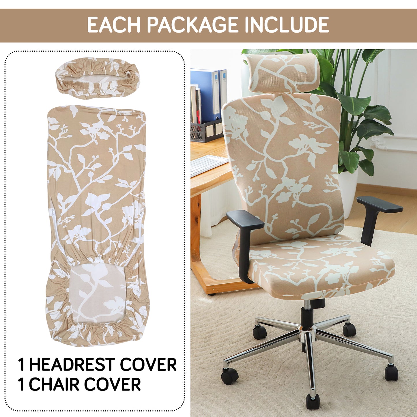 Printed Office Chair Cover with Headrest (High-Back) – 140 GSM Stretch Fabric – Washable, Anti-Slip Fit for Ergonomic Mesh Office Chairs,Buff Brown Sillehoute Floral