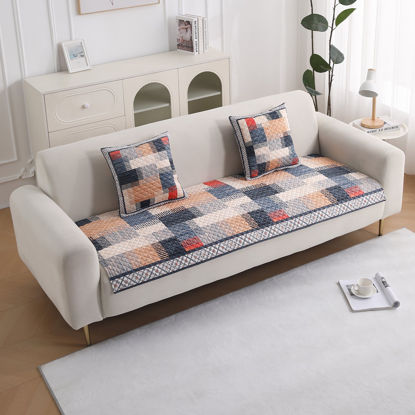 LiefNest Printed Holland Velvet Sofa Mat with Foam Filling - Urban Grid Multicolor for 1/2/3 Seater & Armrest