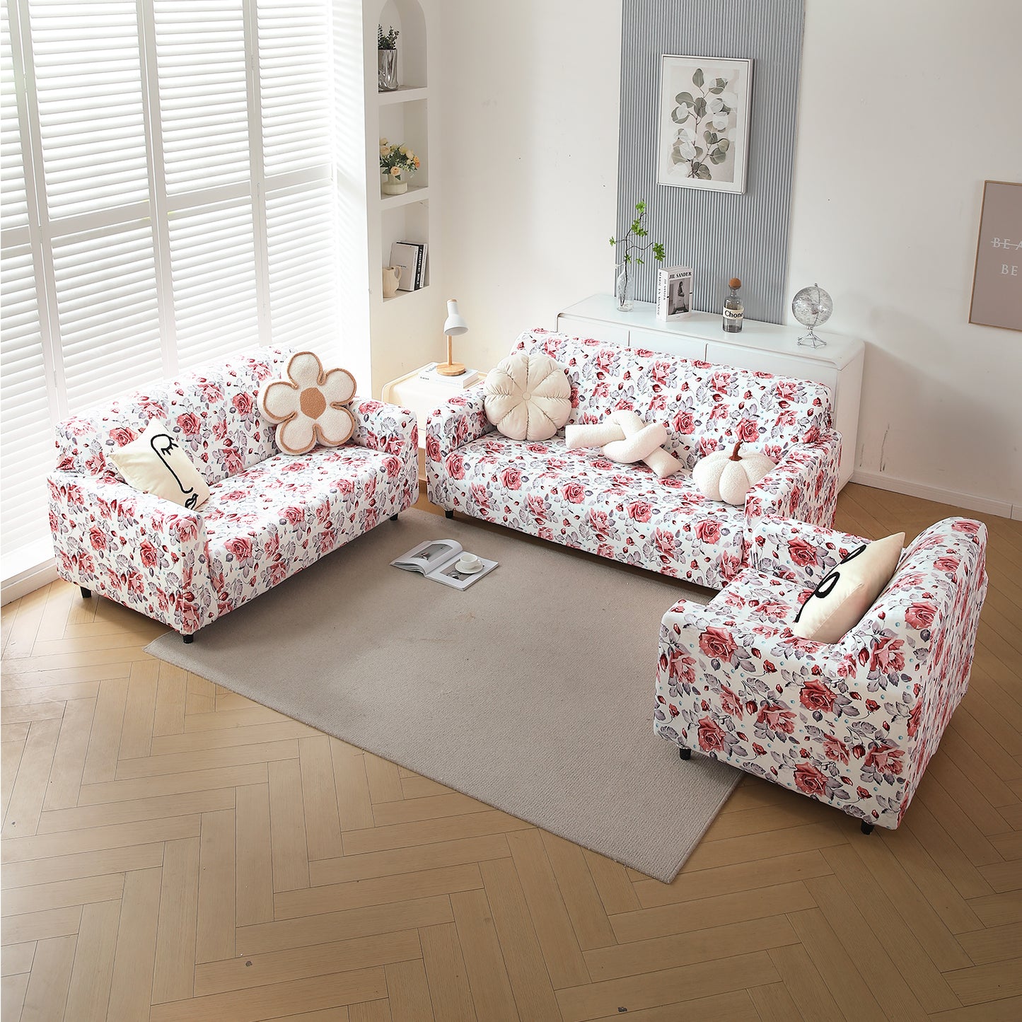 Premium Printed Velvet Sofa Cover 1/2/3 Seaters Fully Covered, Red Cottage Rose