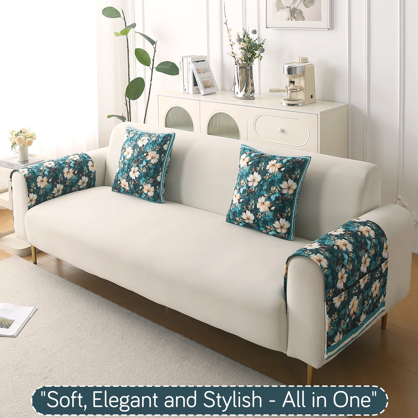 Florentina Series Printed Holland Velvet Sofa Mat - Pansies Teal