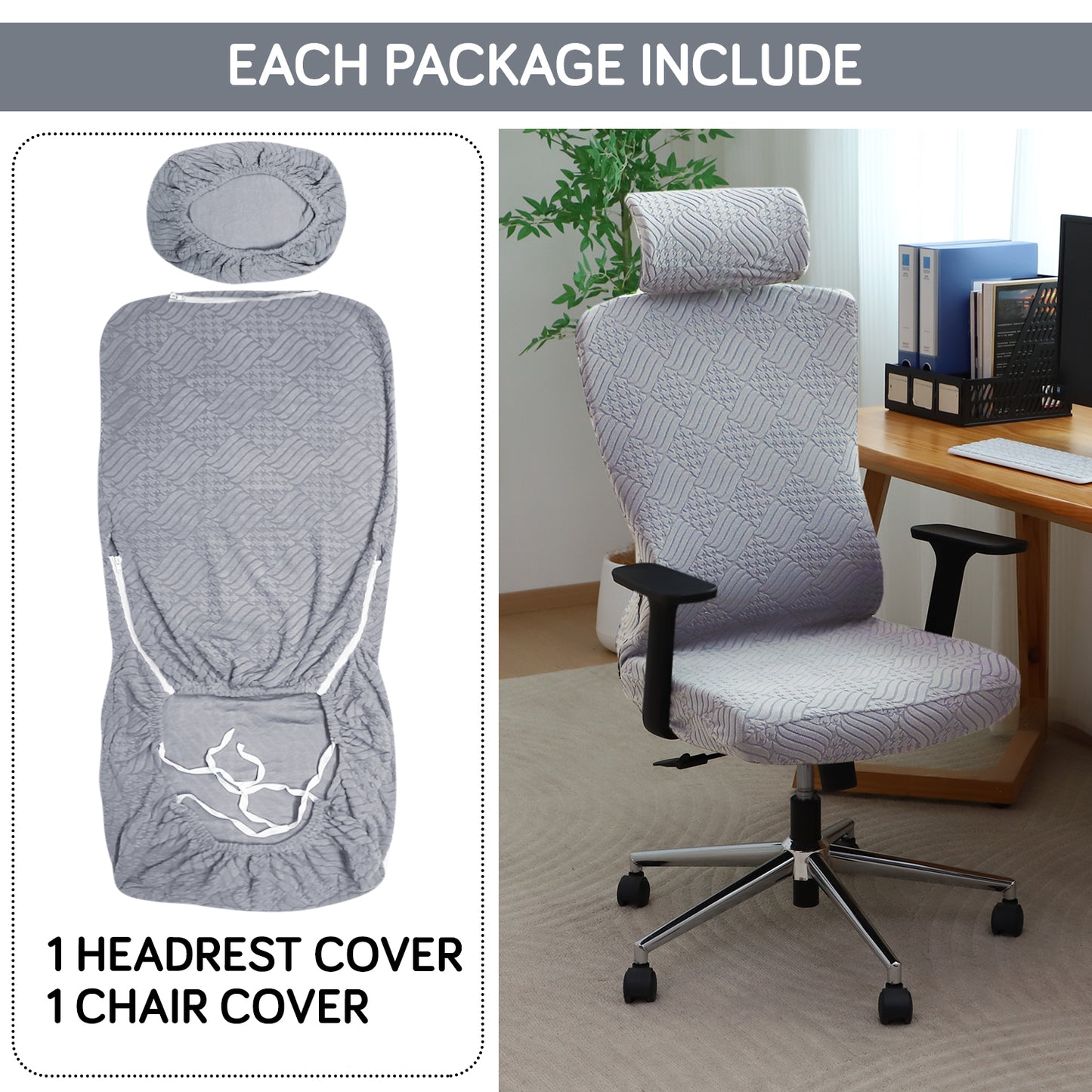 Office Chair Cover with Headrest (High-Back) – 170 GSM Stretch Jacquard – Washable, Anti-Slip Fit for Ergonomic Mesh Office Chairs, Light Grey