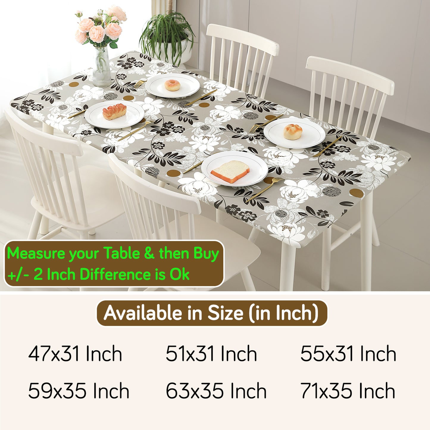 Printed Stretch Fit Water-Repellent & Anti-Slip Table Cloth Cover for 4 Seater / 6 Seater, Feather Brown Floral