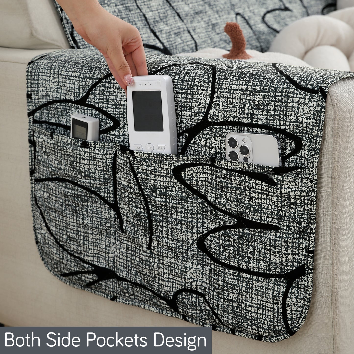 Waterproof & Quick-Dry Quilted Sofa Cover with Pockets on Armrest, Intense Grey Abstract Floral