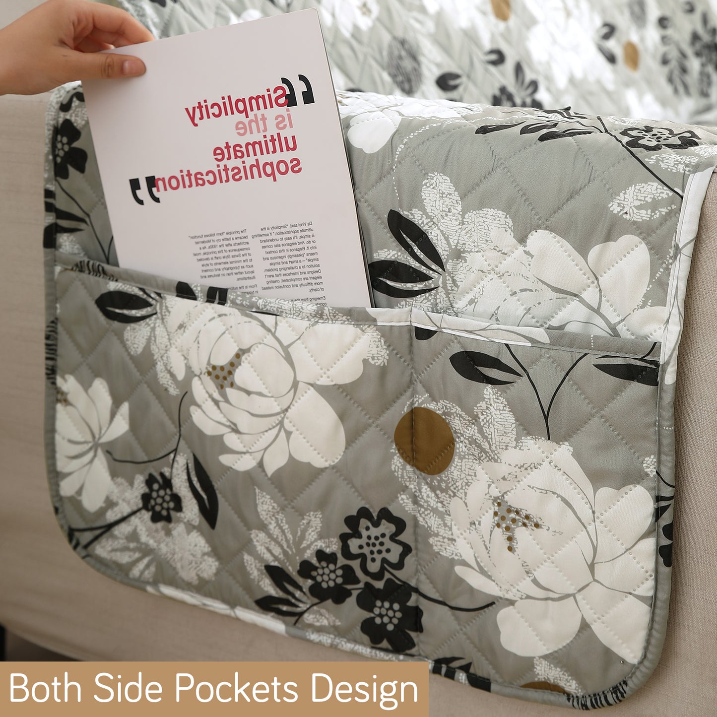 Waterproof & Quick-Dry Quilted Seater Sofa Cover with Pockets on Armrest, Feather Brown Floral