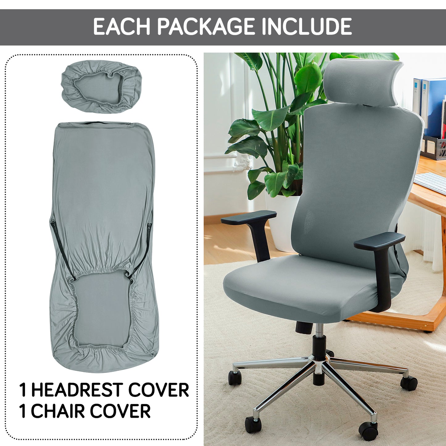 Office Chair Cover with Headrest (High-Back) – 140 GSM Stretch Fabric – Washable, Anti-Slip Fit for Ergonomic Mesh Office Chairs, Smokey Grey