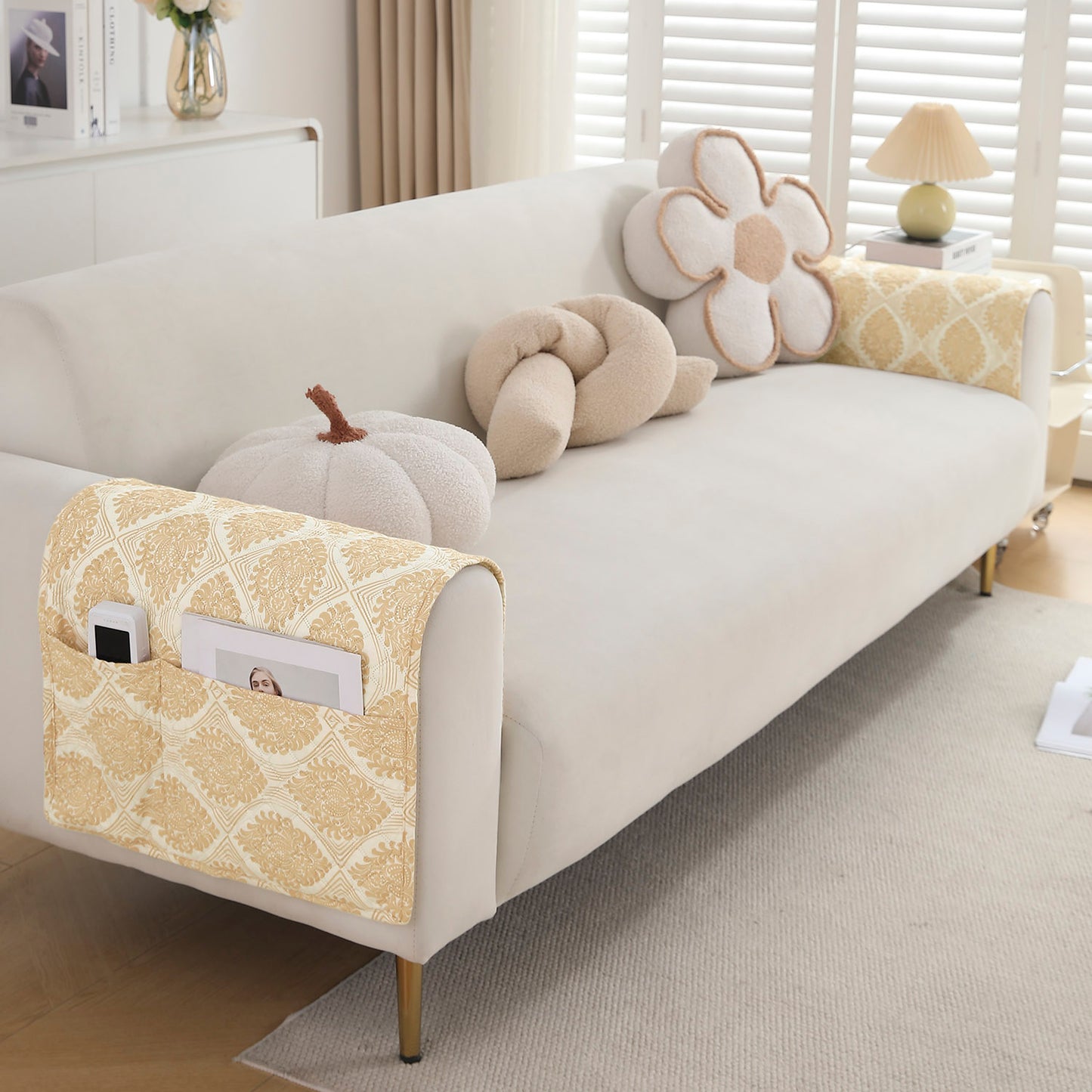 Polyester 2 Pcs Printed Quilted Sofa Armrest Cover, Ogee Ivory