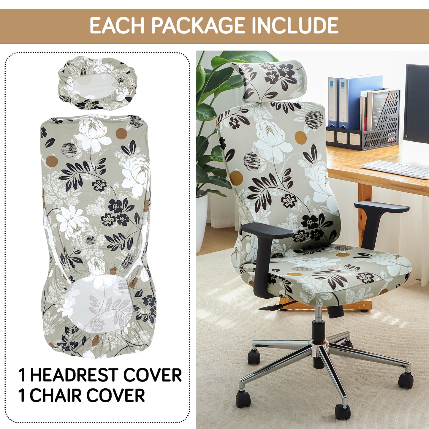 Printed Office Chair Cover with Headrest (High-Back) – 140 GSM Stretch Fabric – Washable, Anti-Slip Fit for Ergonomic Mesh Office Chairs, Feather Brown Floral