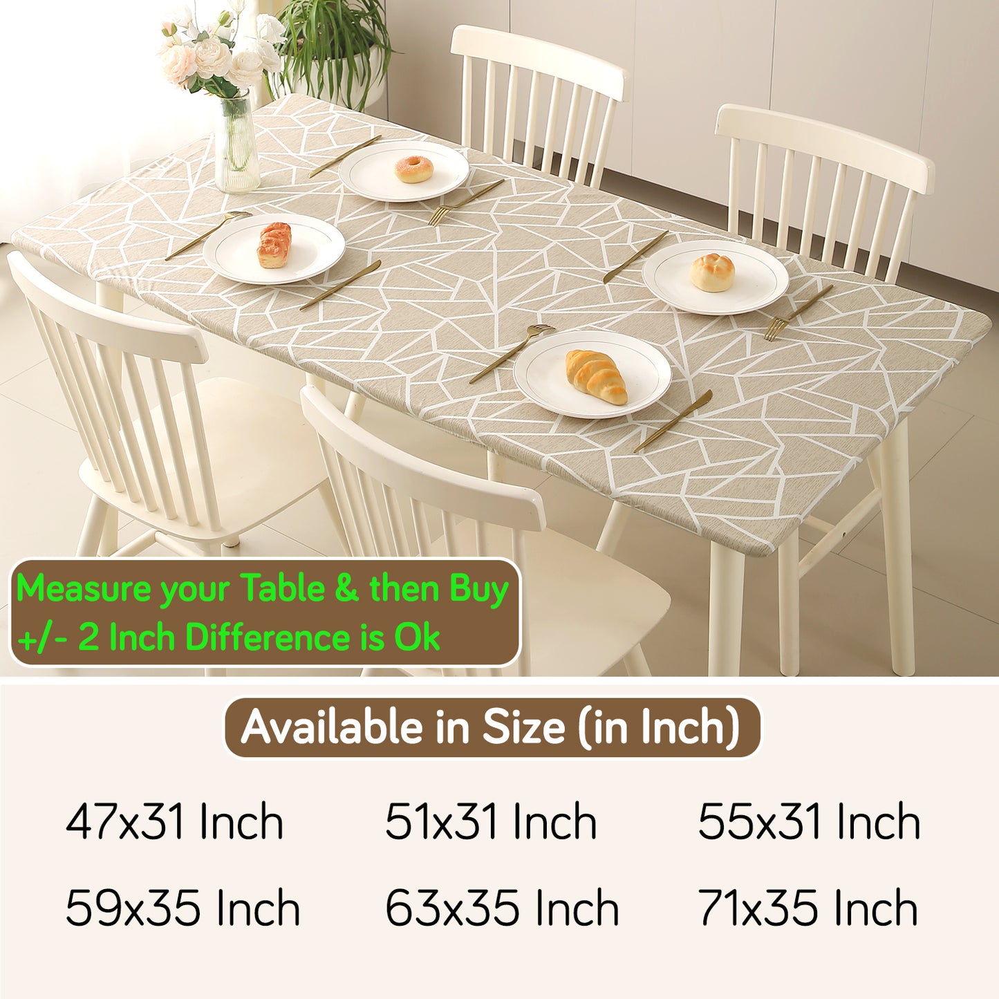 Printed Stretch Fit Water-Repellent & Anti-Slip Table Cloth Cover for 4 Seater / 6 Seater, Beige Abstract Geometry