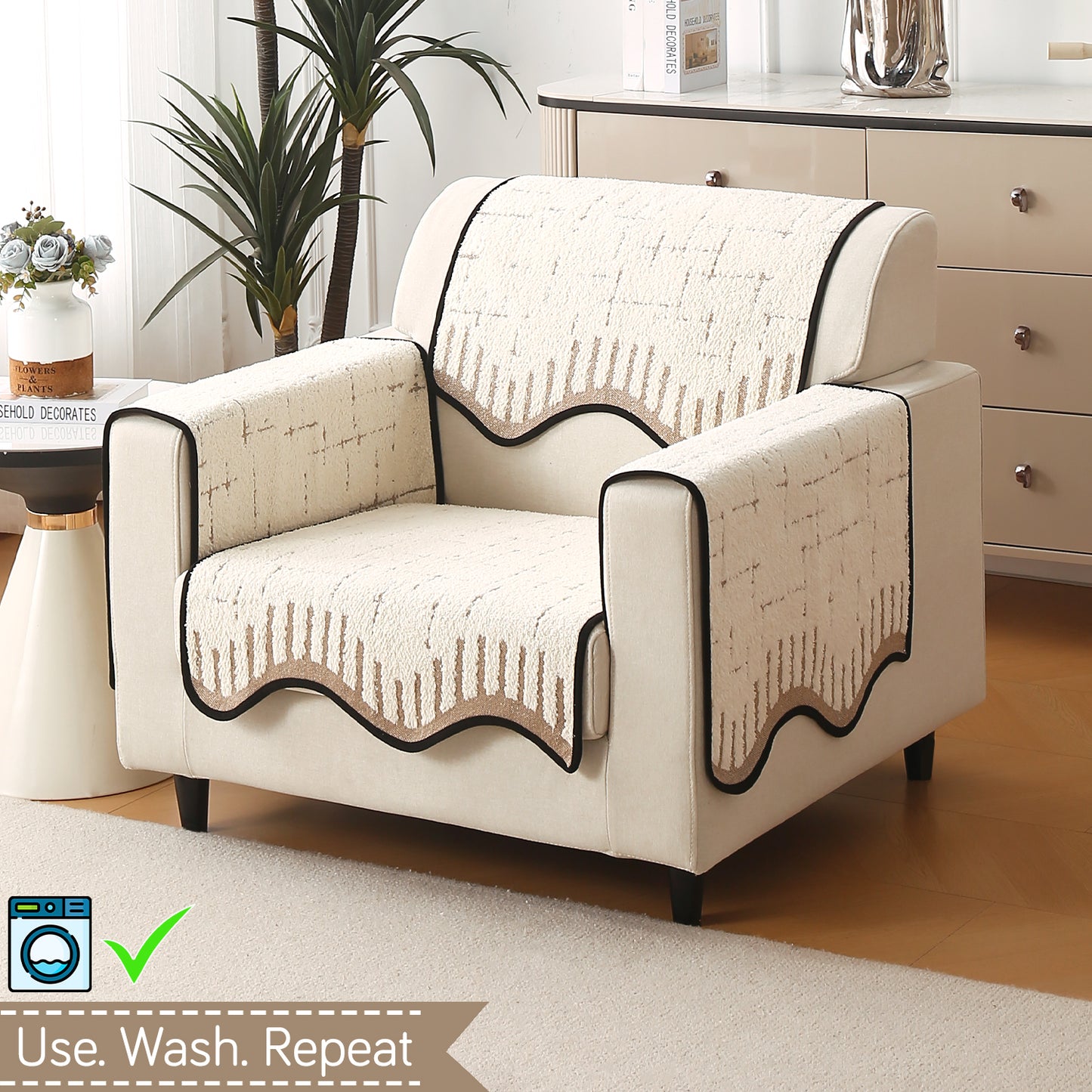 Premium Supple Soft Wavy with Curve Sofa Cover Mat, Cream Brown