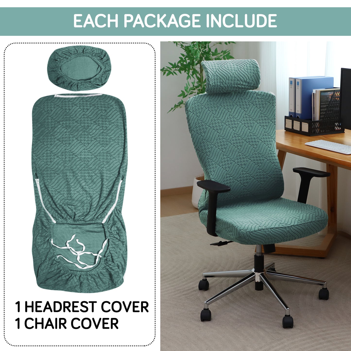 Office Chair Cover with Headrest (High-Back) – 170 GSM Stretch Jacquard – Washable, Anti-Slip Fit for Ergonomic Mesh Office Chairs, Green