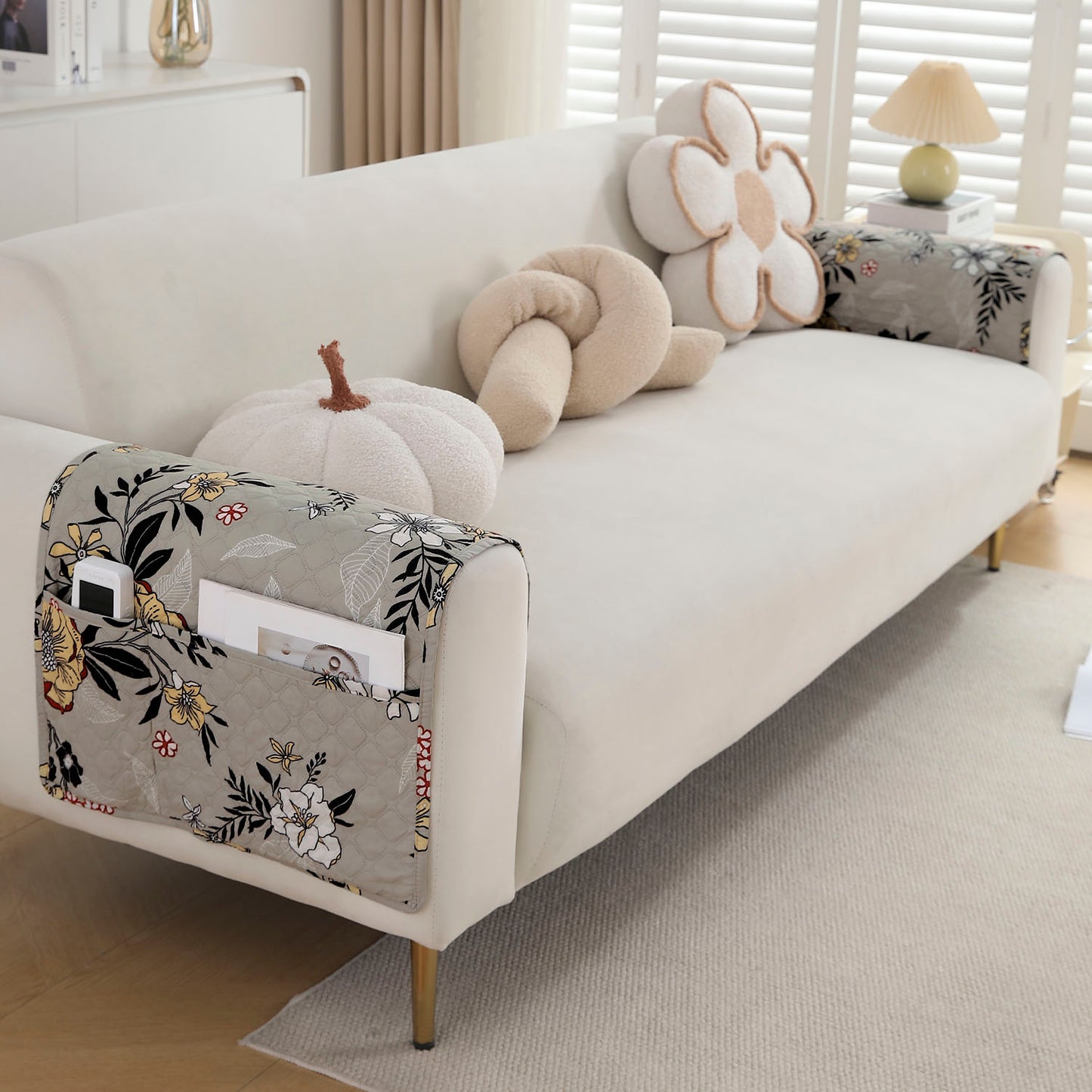 Polyester 2 Pcs Printed Quilted Sofa Armrest Cover, Floral Ash Grey