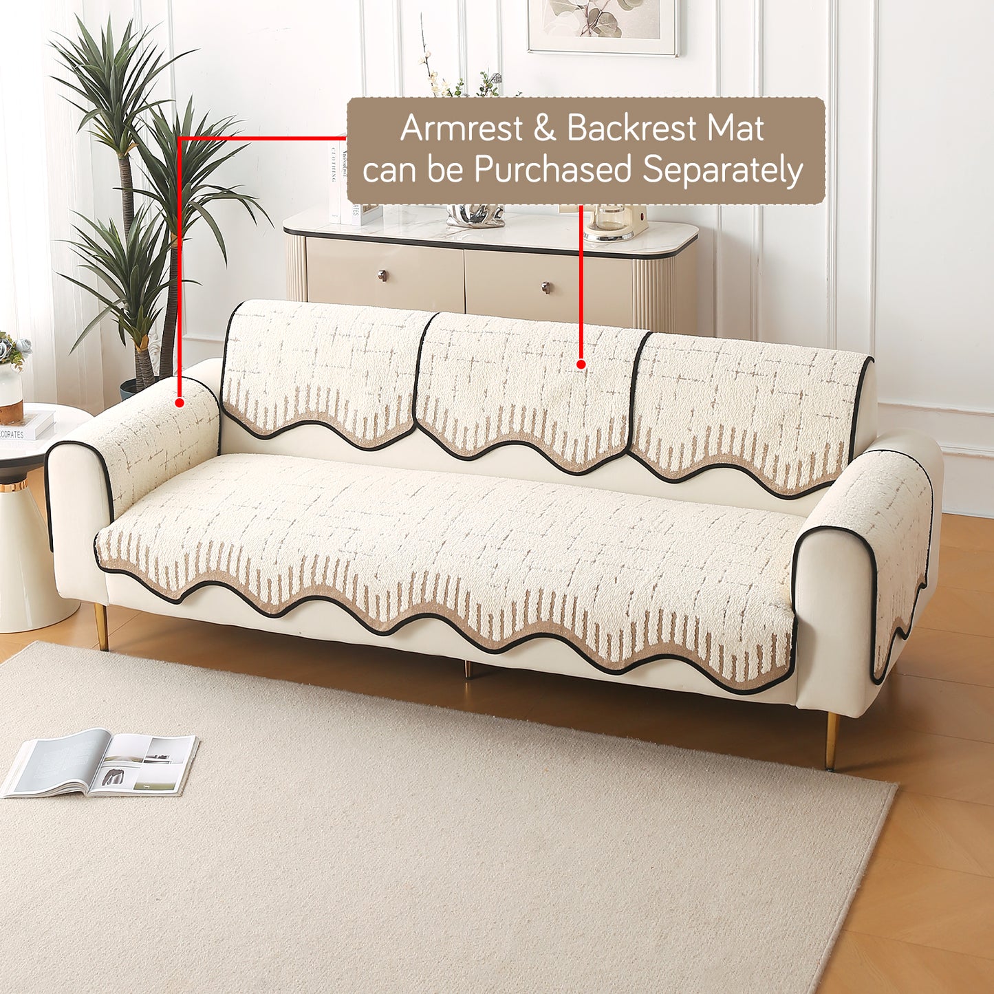 Premium Supple Soft Wavy with Curve Sofa Cover Mat, Cream Brown