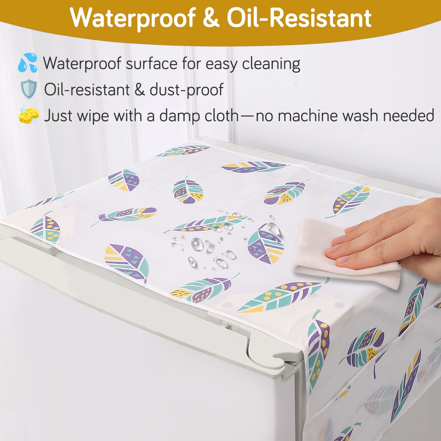 Small / Large Fridge Cover Top | For Smaller Single Door, Double Door and Bigger Double Door Refrigerator - Waterproof, Printed with 6 Side Pockets, Boho Feathers