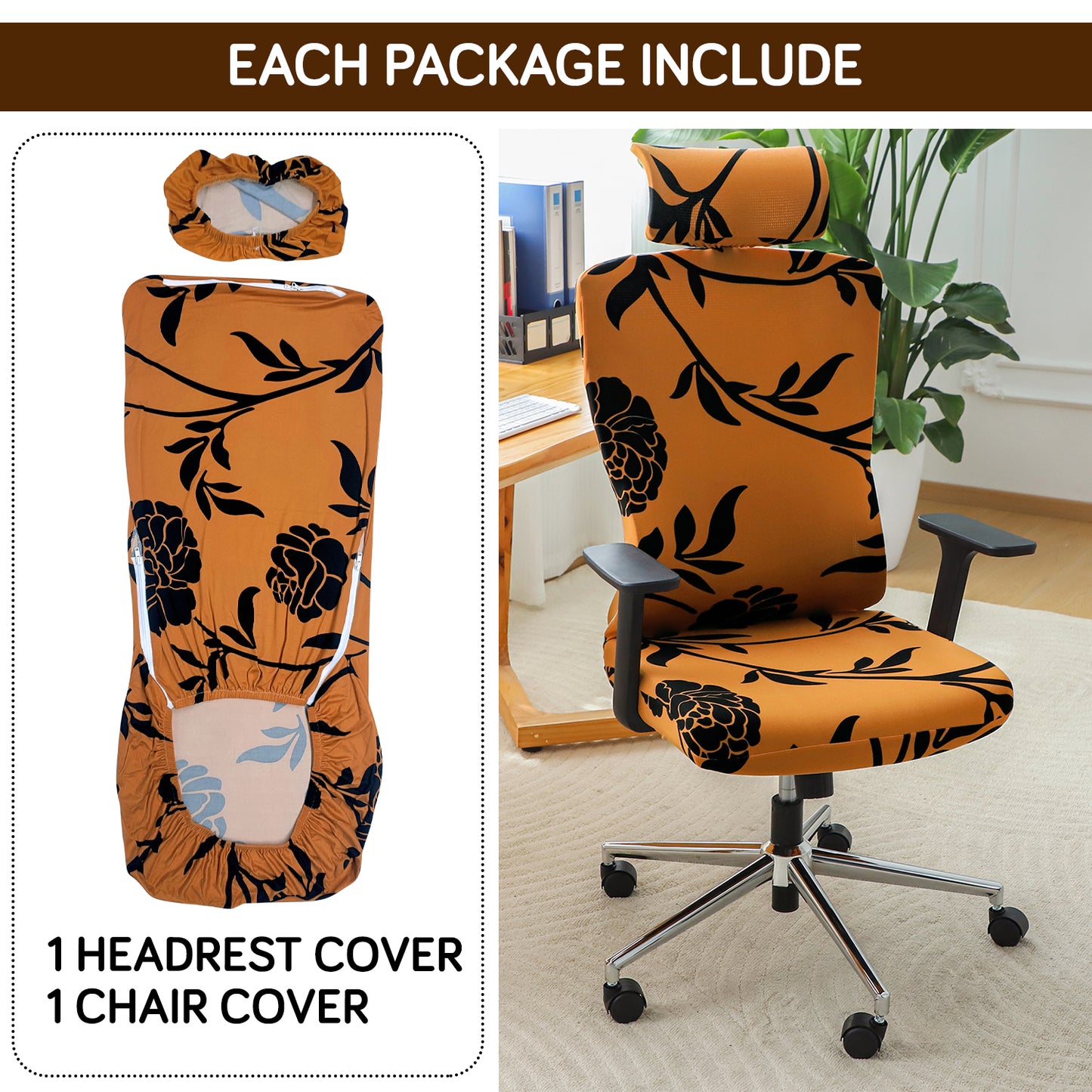 Printed Office Chair Cover with Headrest (High-Back) – 140 GSM Stretch Fabric – Washable, Anti-Slip Fit for Ergonomic Mesh Office Chairs, Copper Brown Floral