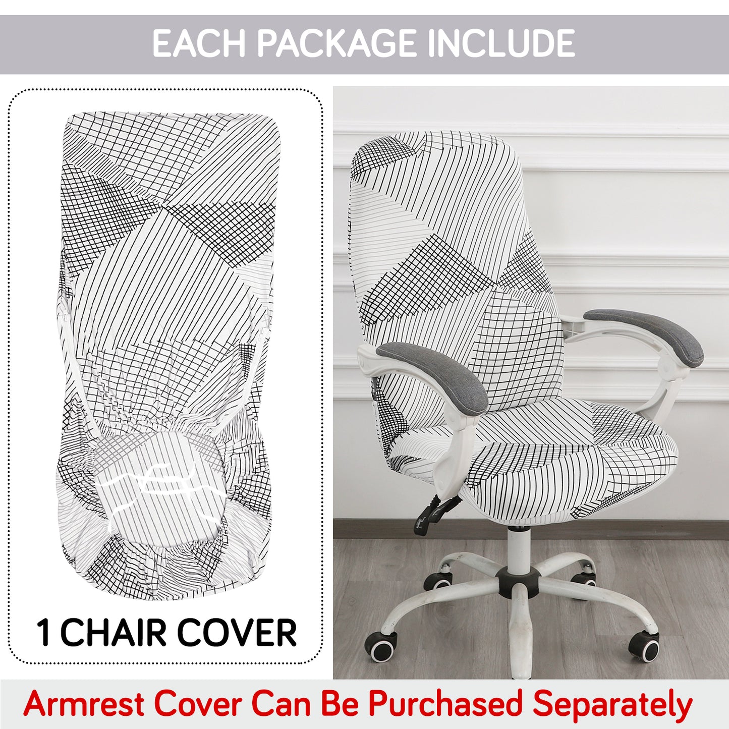 Printed Office Chair Cover for Desk Chair (Mid-Back) – 140 GSM Stretch Fabric – Washable, Durable & Anti-Slip – Fits Mid-Back Office Chairs, Snow White Black Geometry - Medium