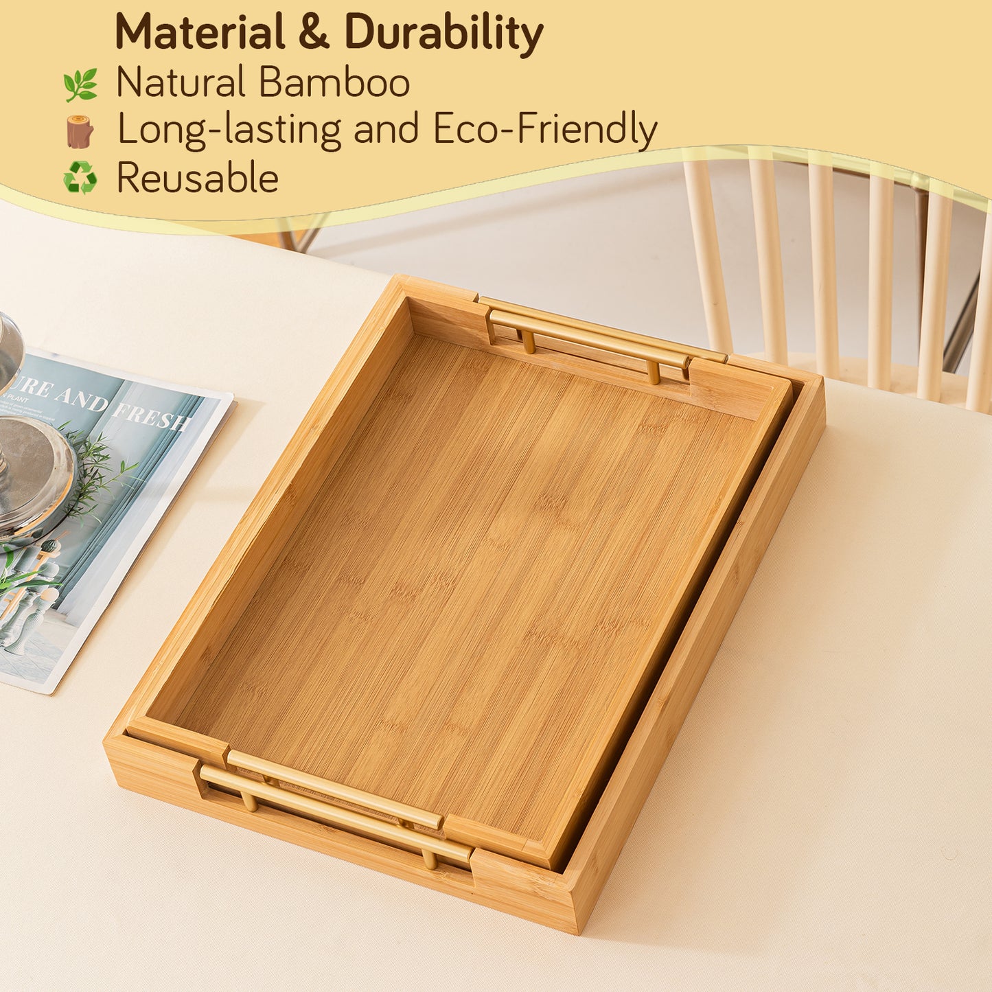 Bamboo Set of 2/3 Serving Tray Set with Gold Handles – Elegant Wooden Trays for Kitchen