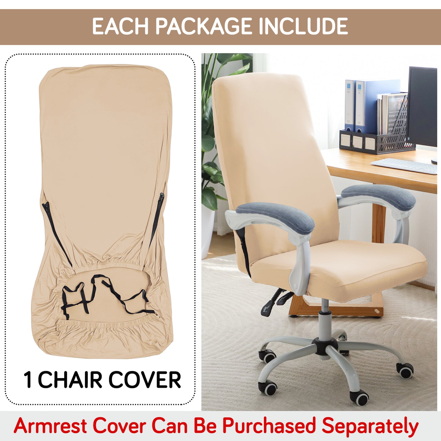 Office Chair Cover for Executive Chair (High-Back) – 140 GSM Stretch Fabric – Washable, Durable & Anti-Slip – Fits High-Back Office Chairs, Beige