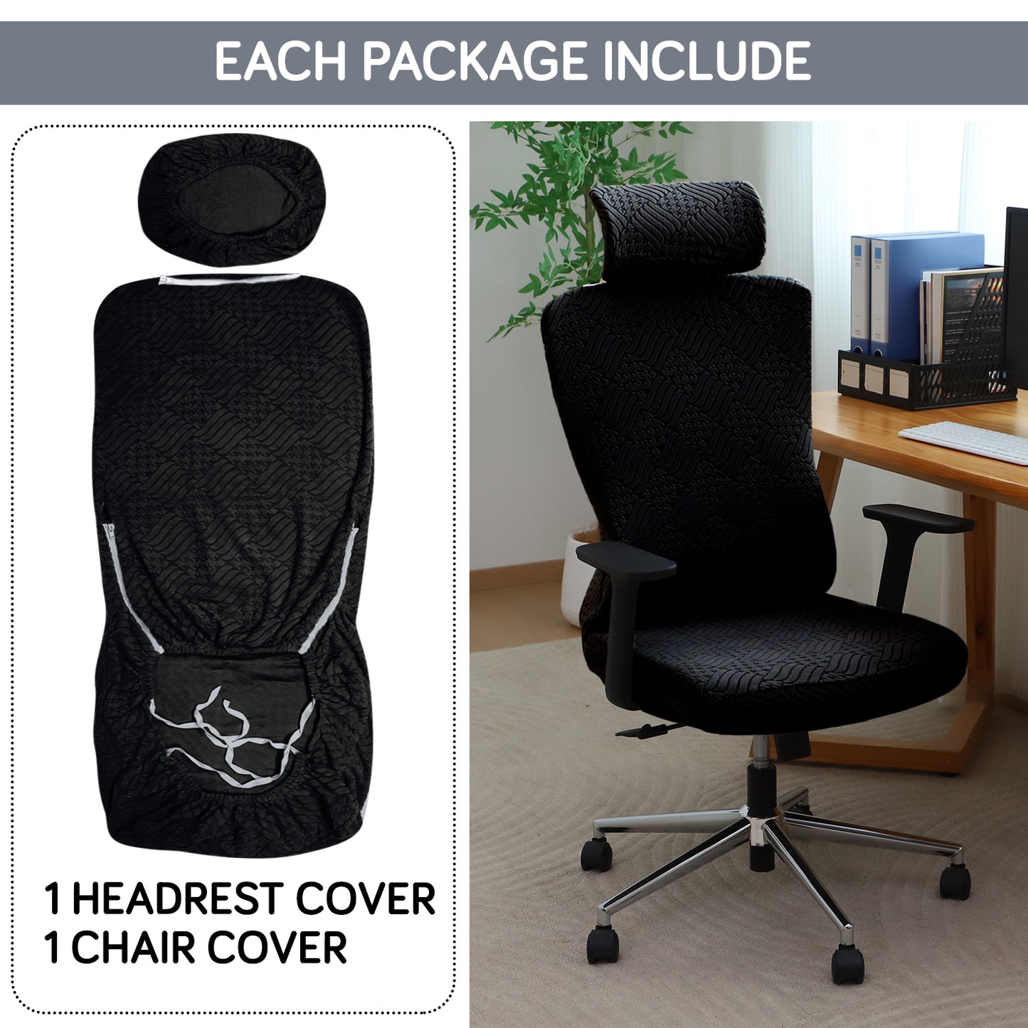 Office Chair Cover with Headrest (High-Back) – 170 GSM Stretch Jacquard – Washable, Anti-Slip Fit for Ergonomic Mesh Office Chairs, Black
