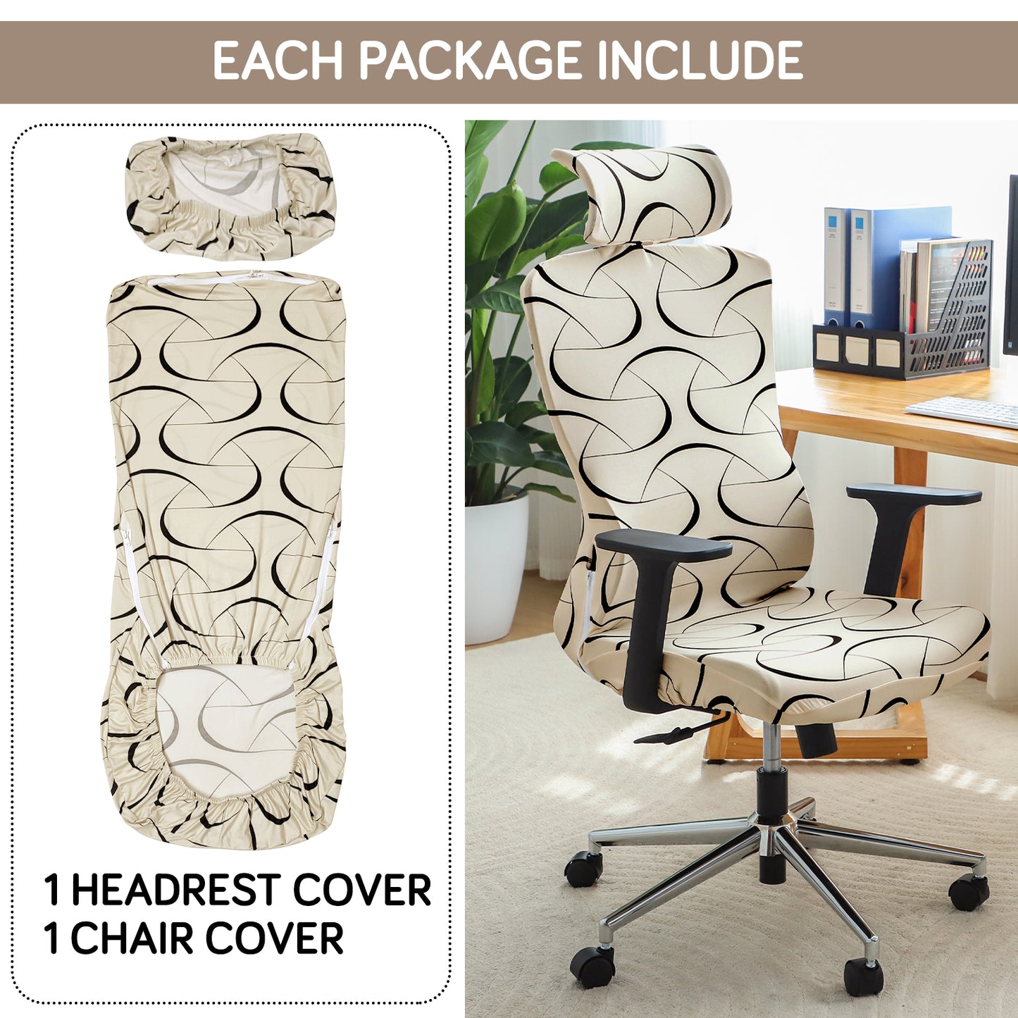 Printed Office Chair Cover with Headrest (High-Back) – 140 GSM Stretch Fabric – Washable, Anti-Slip Fit for Ergonomic Mesh Office Chairs, Natural Beige Abstract Art