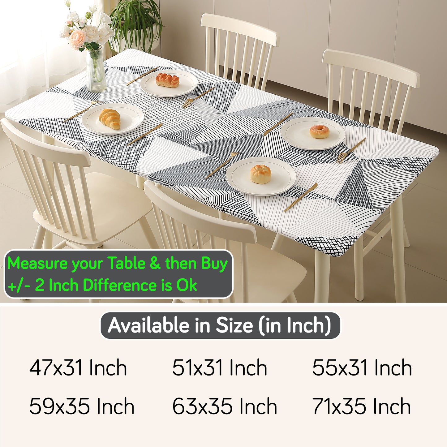 Printed Stretch Fit Water-Repellent & Anti-Slip Table Cloth Cover for 4 Seater / 6 Seater, Snow White Black Geometry