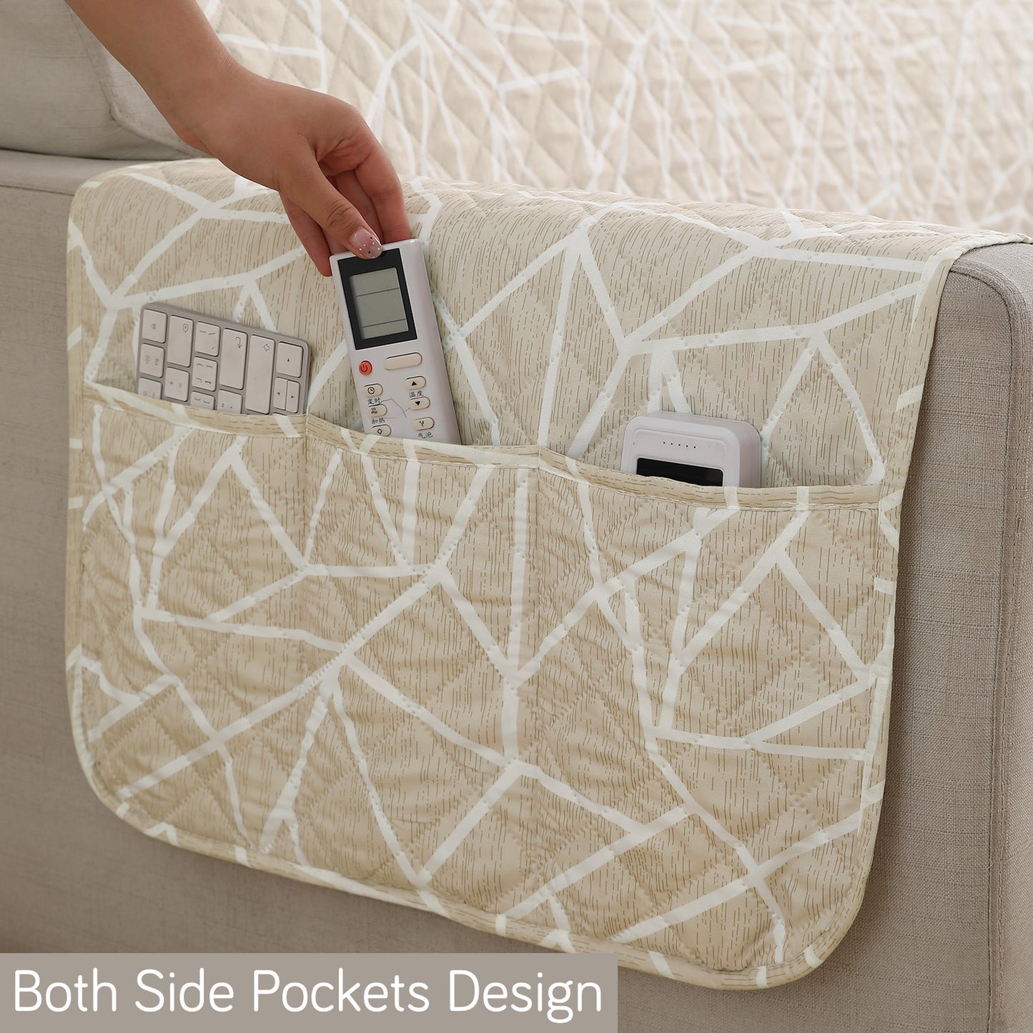 Waterproof & Quick-Dry Quilted Sofa Cover with Pockets on Armrest, Beige Abstract Geometry