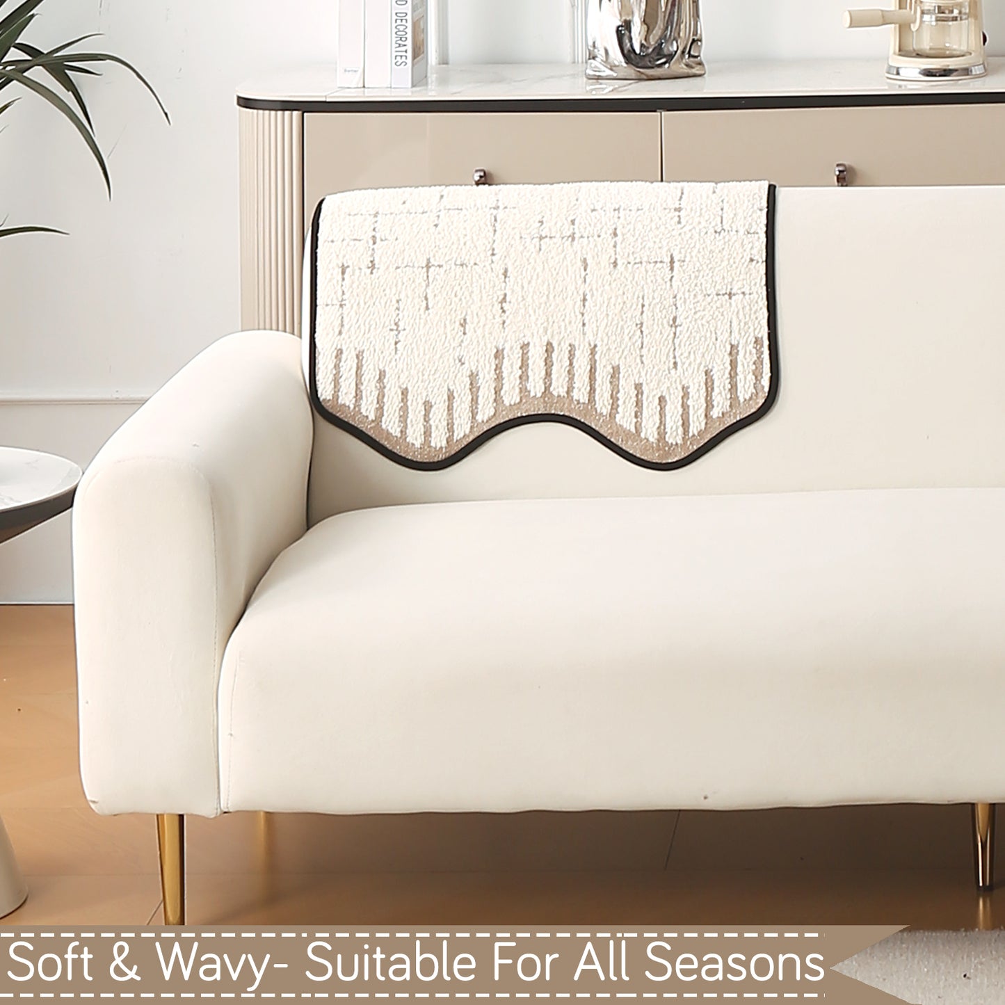 Premium Supple Soft Wavy with Curve Sofa Cover Mat, Cream Brown
