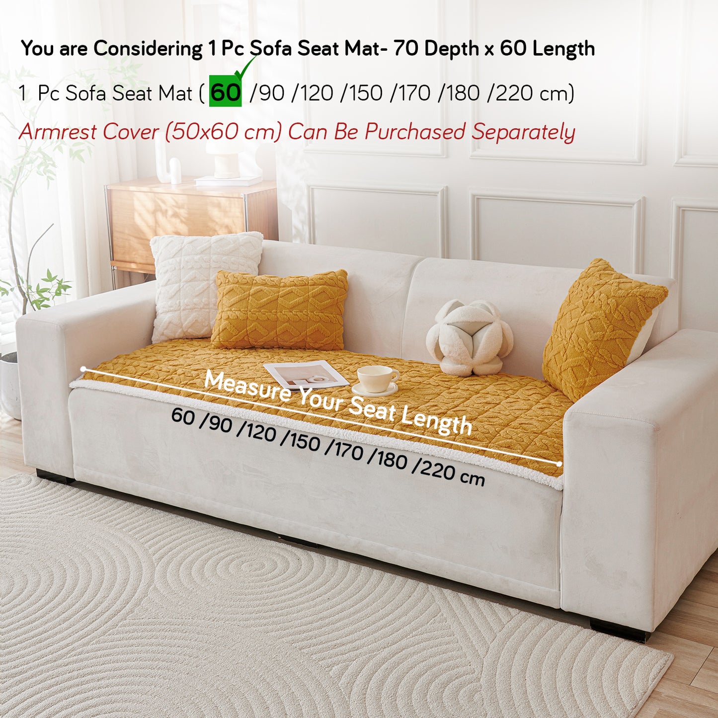 'Italian Caelora' Luxury Jacquard Plush Sofa Cover Mat and Anti-Slip Armrest Covers - Honey Yellow