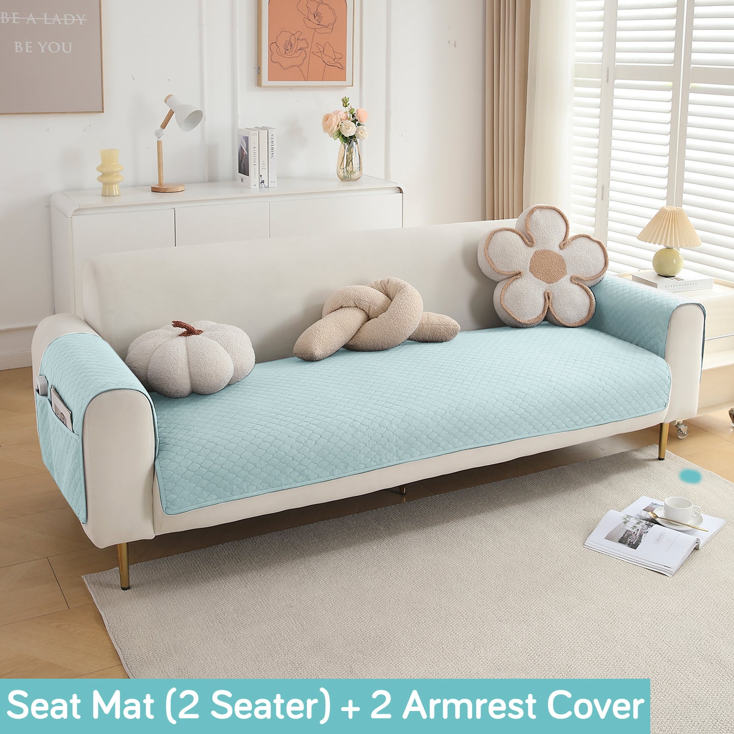 Quilted Sofa Cover Set with Seat Mat and Armrest Covers with Pockets, Light Sky Blue