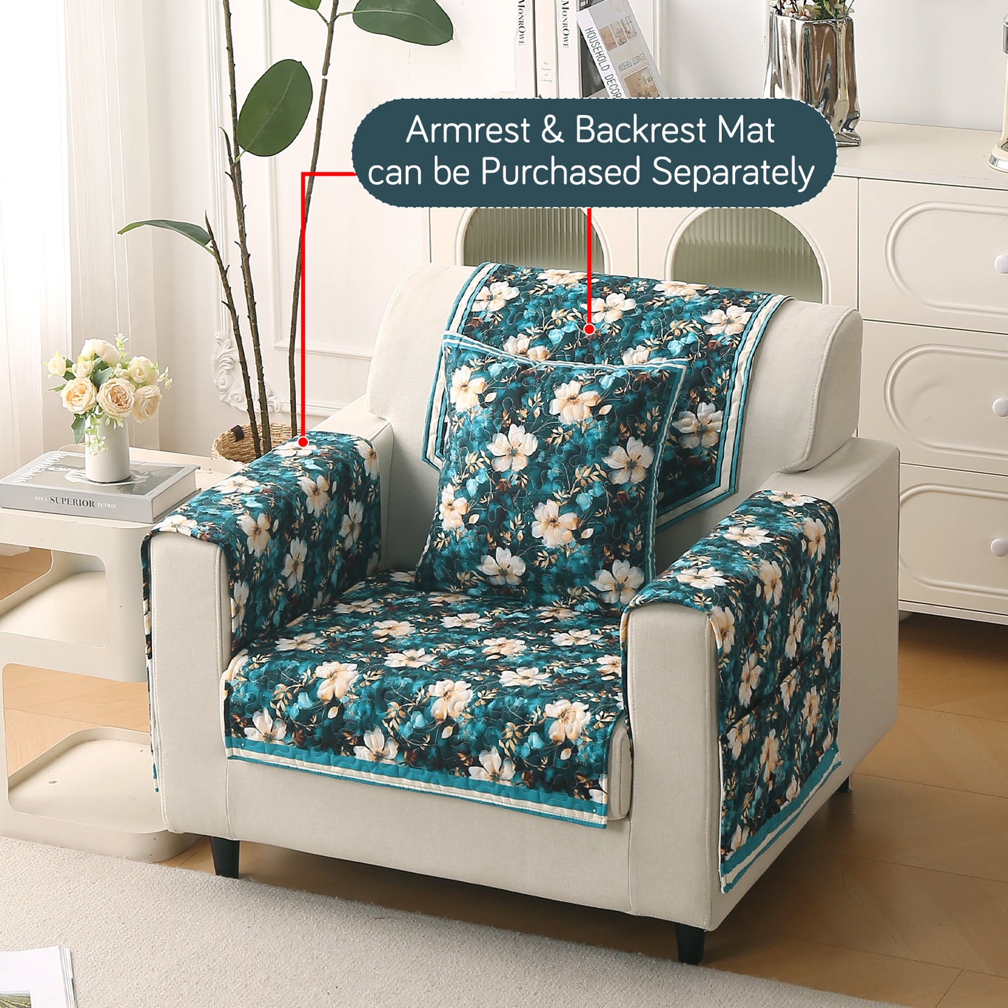 Florentina Series Printed Holland Velvet Sofa Mat - Pansies Teal
