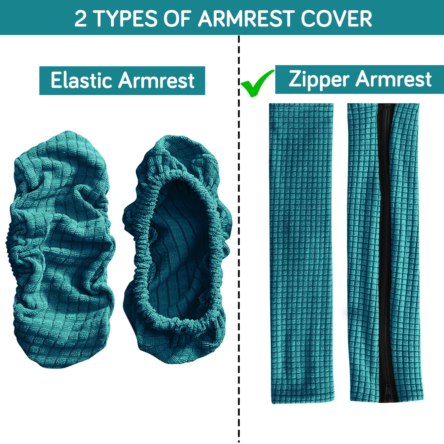 210gsm Jacquard Water Repellent Armrest Covers for Office Chair (Zipper Style), 1 Pair, Teal