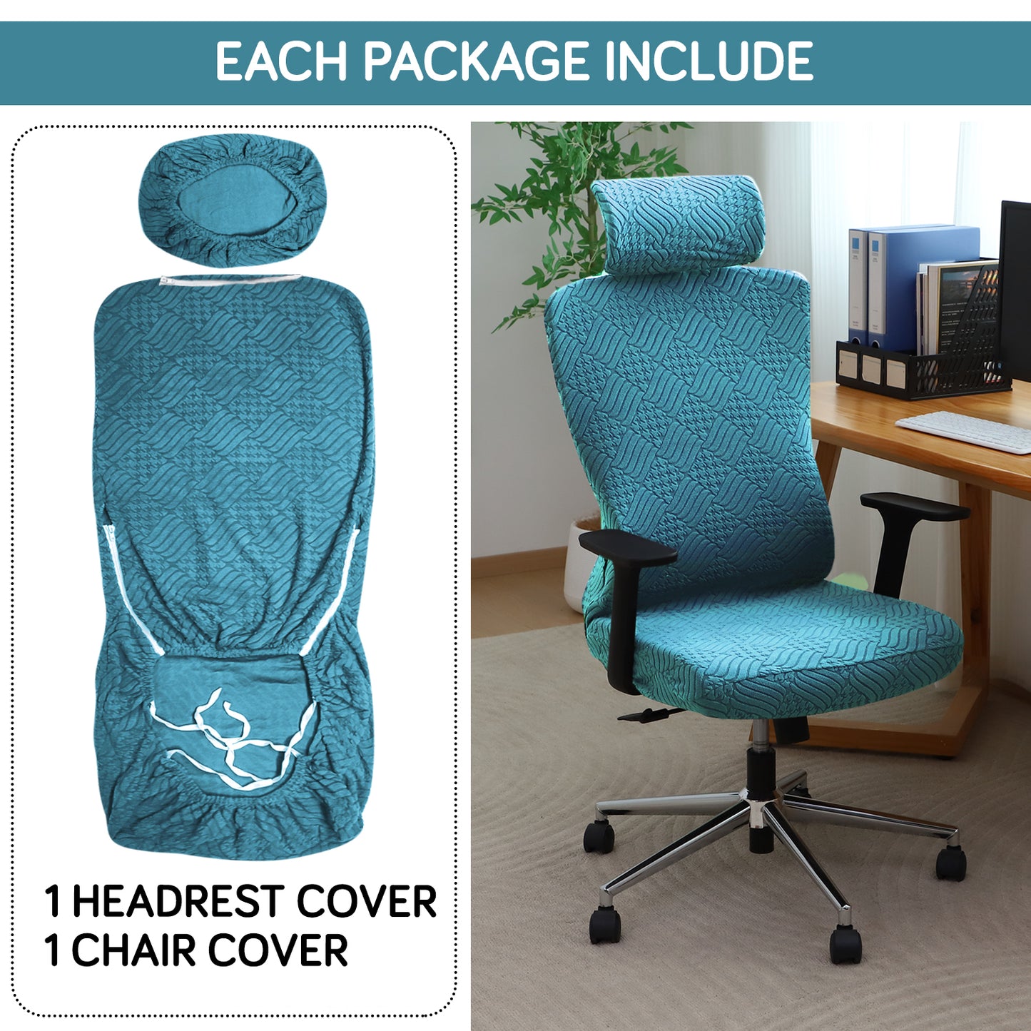 Office Chair Cover with Headrest (High-Back) – 170 GSM Stretch Jacquard – Washable, Anti-Slip Fit for Ergonomic Mesh Office Chairs, Turquoise