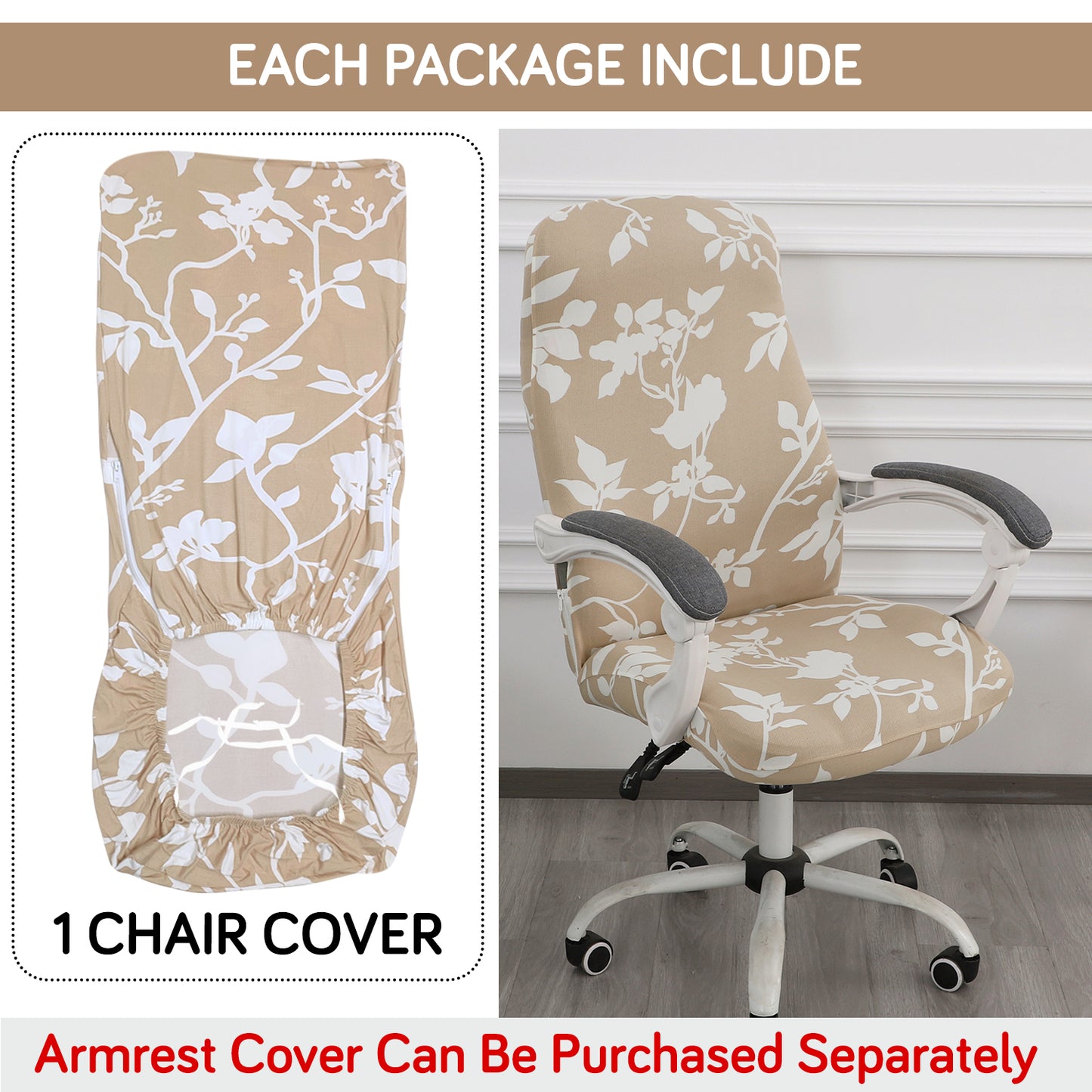 Printed Office Chair Cover for Desk Chair (Mid-Back) – 140 GSM Stretch Fabric – Durable & Anti-Slip – Fits Mid-Back Office Chairs, Buff Brown Sillehoute Floral - Medium