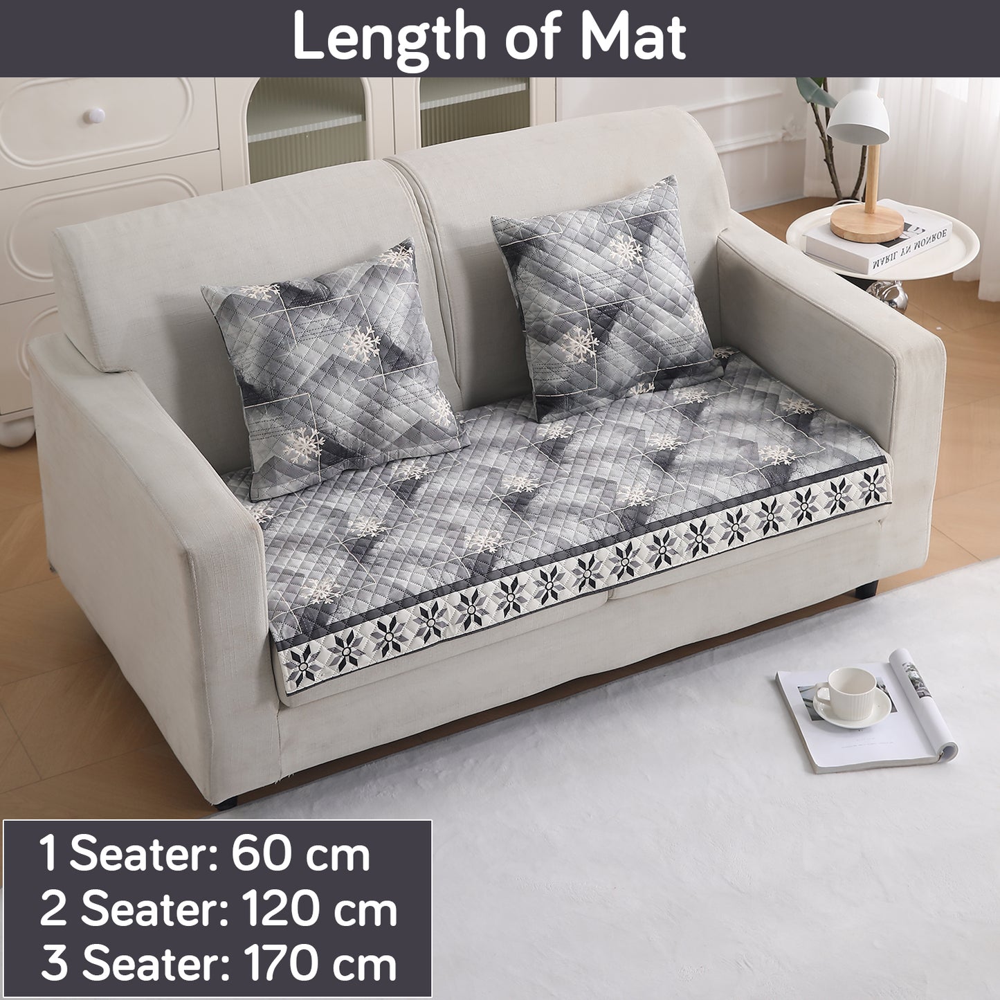 LiefNest Printed Holland Velvet Sofa Mat with Foam Filling - Snowflakes Gradient Grey for 1/2/3 Seater & Armrest