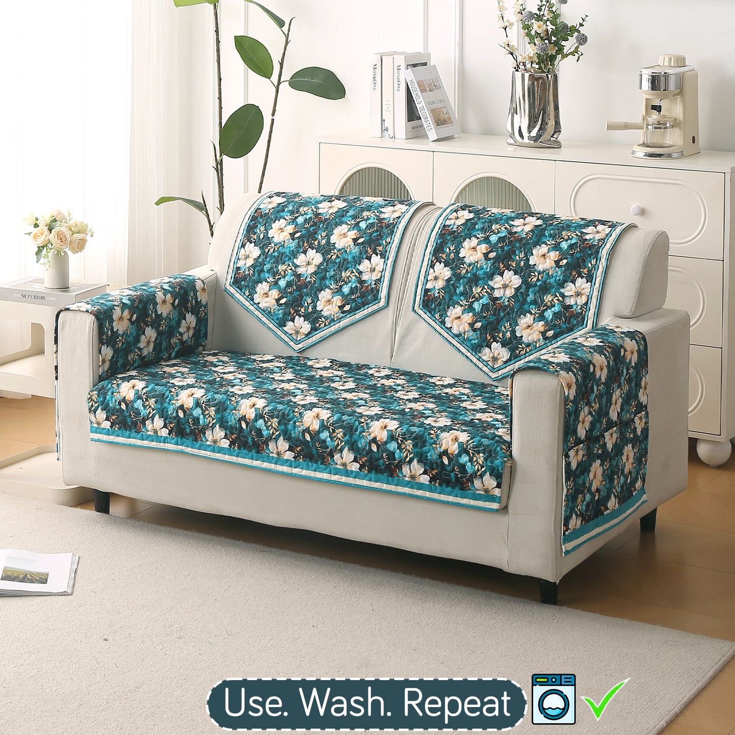 Florentina Series Printed Holland Velvet Sofa Mat - Pansies Teal
