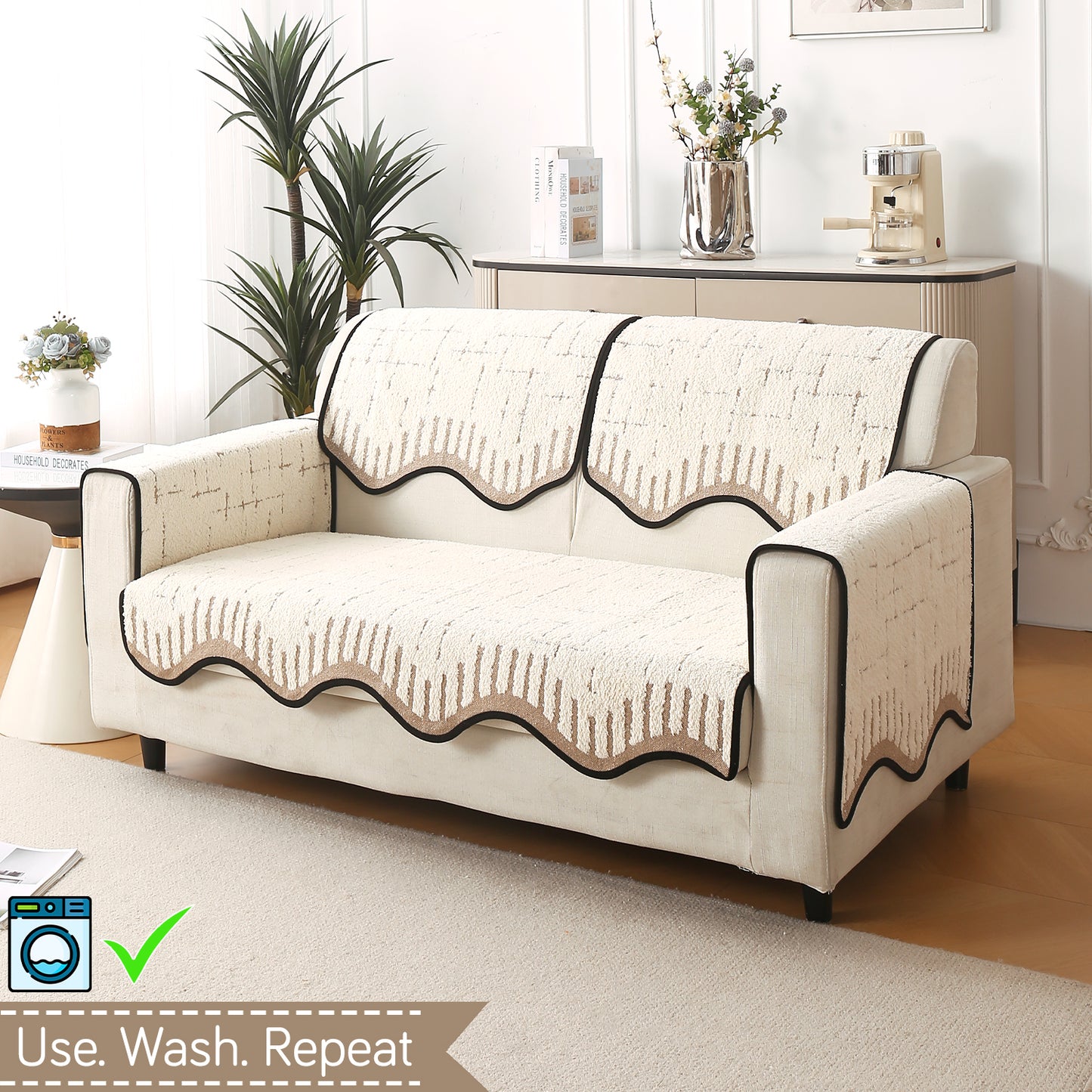 Premium Supple Soft Wavy with Curve Sofa Cover Mat, Cream Brown