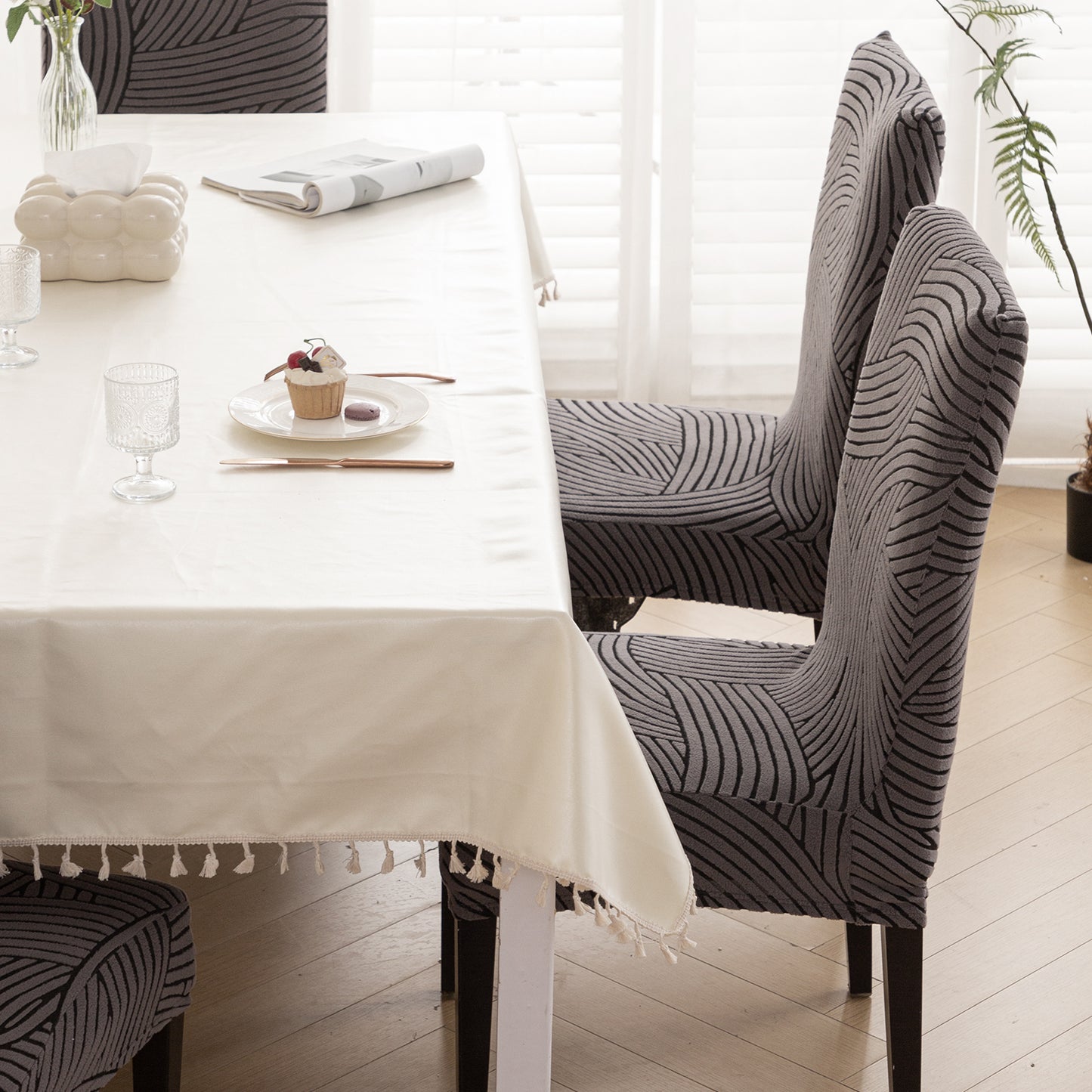 WaveLine Series 180 GSM Jacquard Chair Cover Set of 1/2/4/6, Charcoal Grey