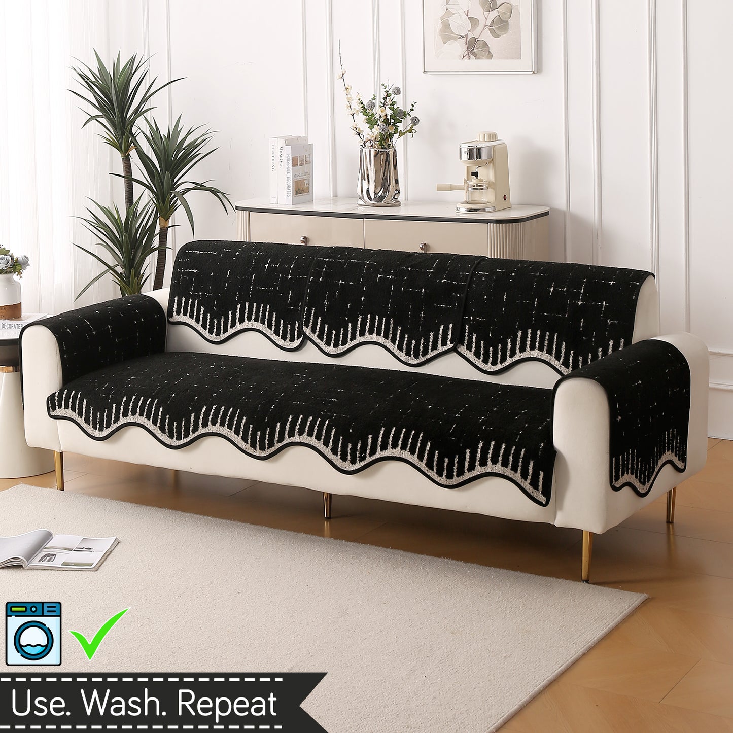 Premium Supple Soft Wavy with Curve Sofa Cover Mat, Black