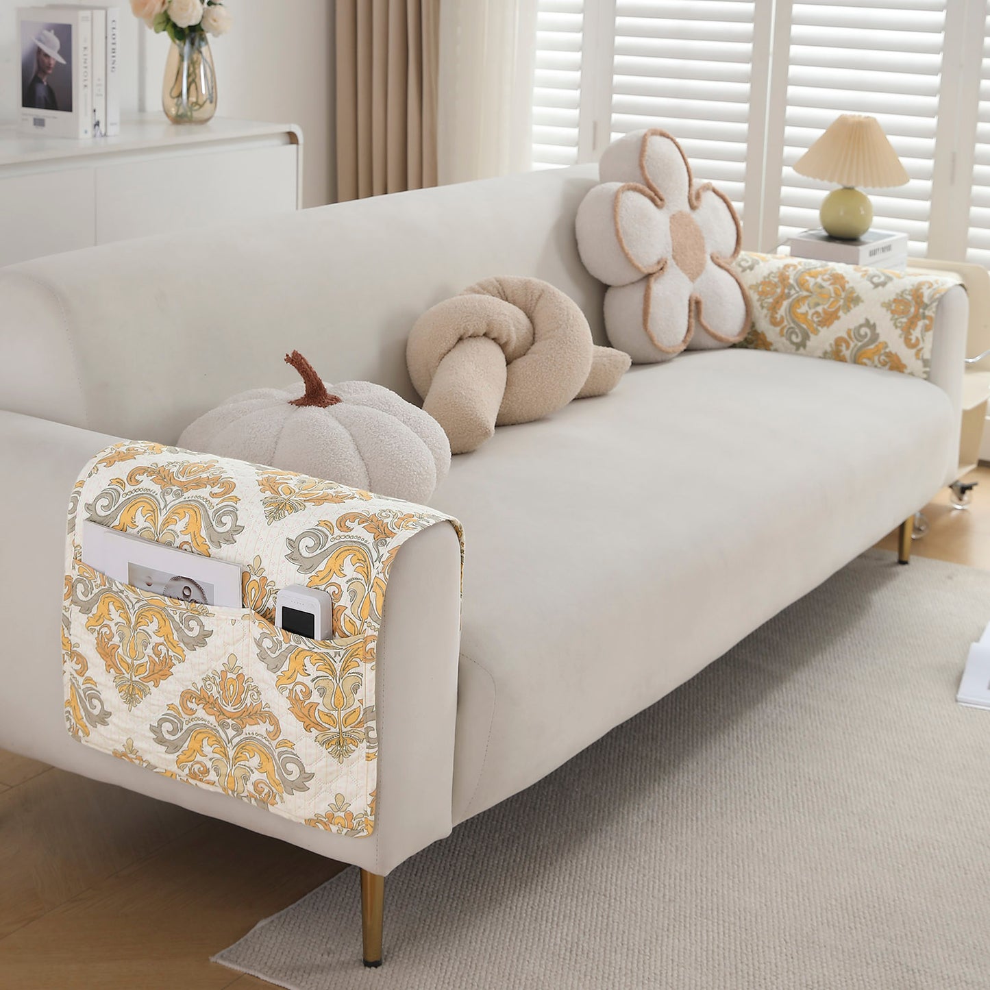 Polyester 2 Pcs Printed Quilted Sofa Armrest Cover, Damask Beige
