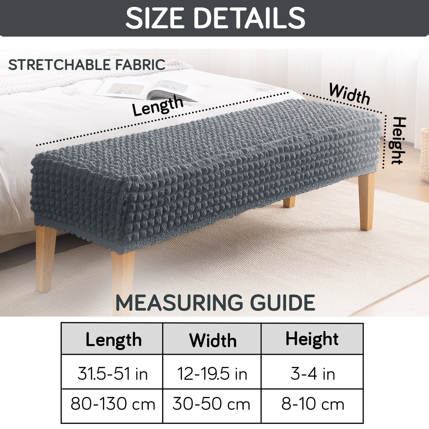 Aria Nova 280 GSM Stretchable Bubble Dining Bench Cover, Dark Grey